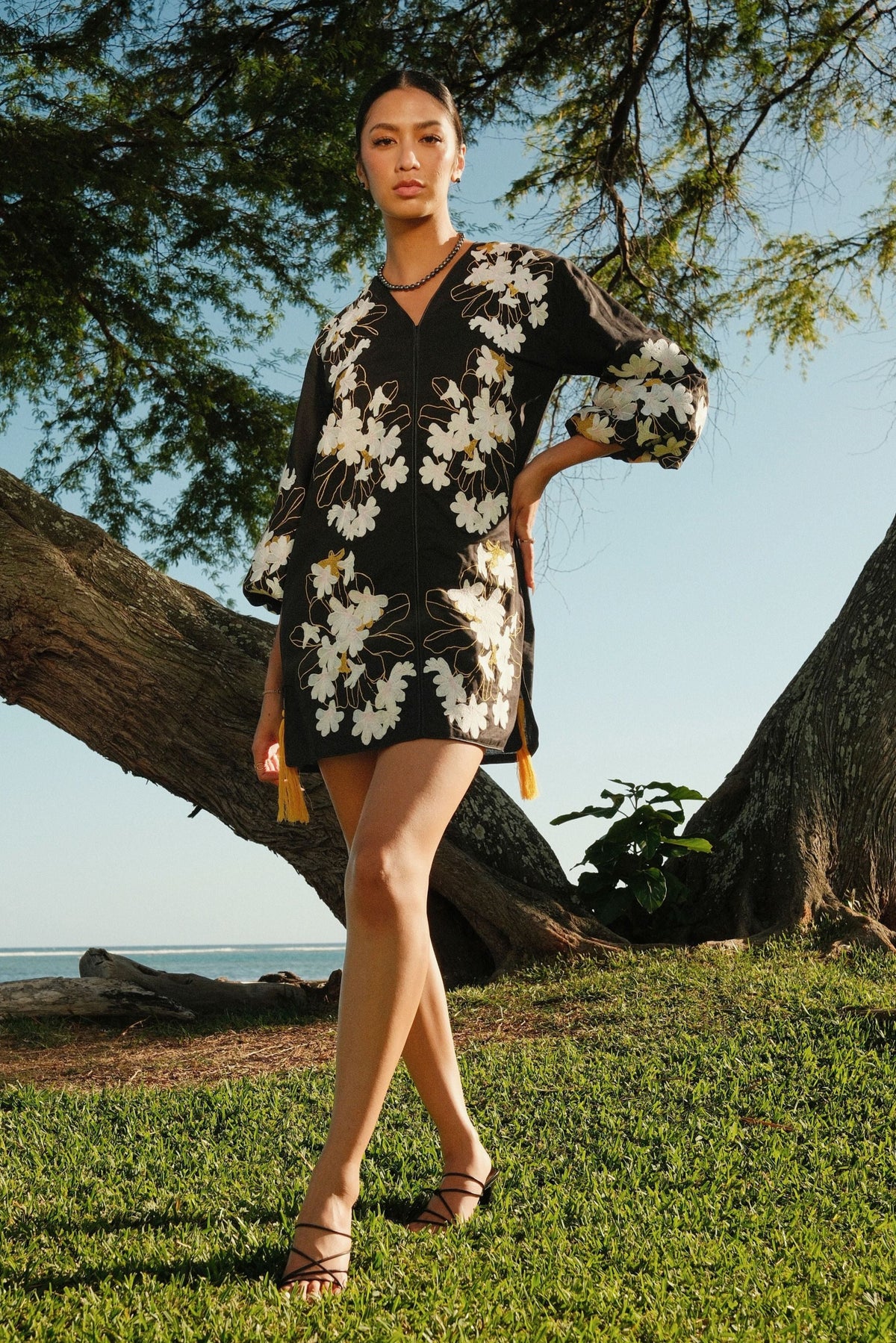 Women's Ho'onanea Dress in Black Embroidered Naupaka - Front View | Kahulaleʻa