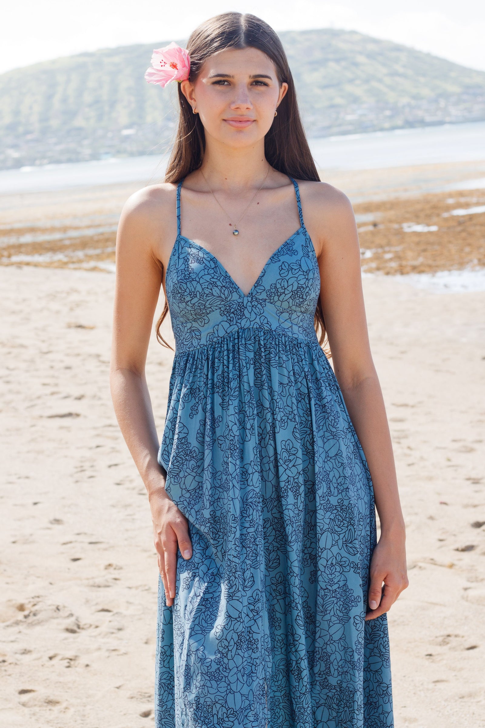 Dress Kalaheo in Steel Blue Liko — Front View On-Model