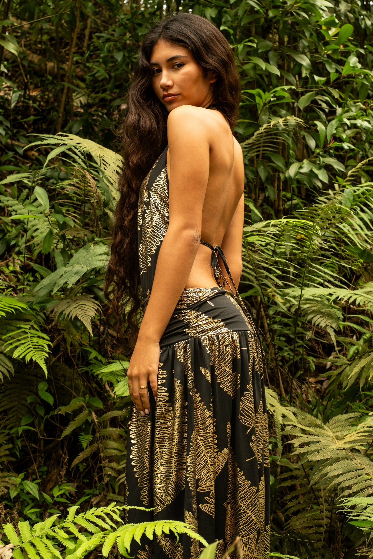 Dress Kanilehua in Black Gold Kupukupu - Back View | Kahulale'a