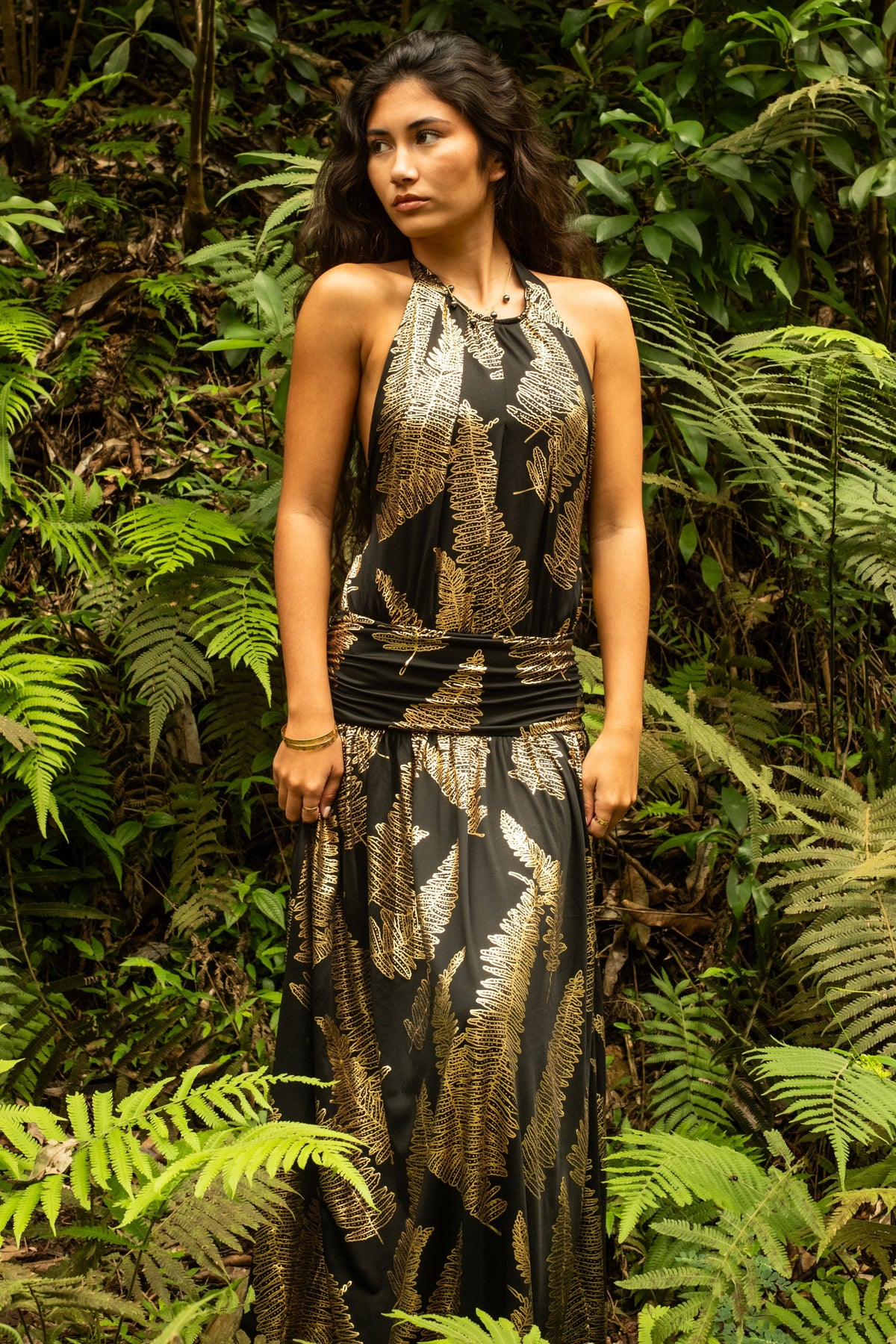 Dress Kanilehua in Black Gold Kupukupu - Front View | Kahulale'a