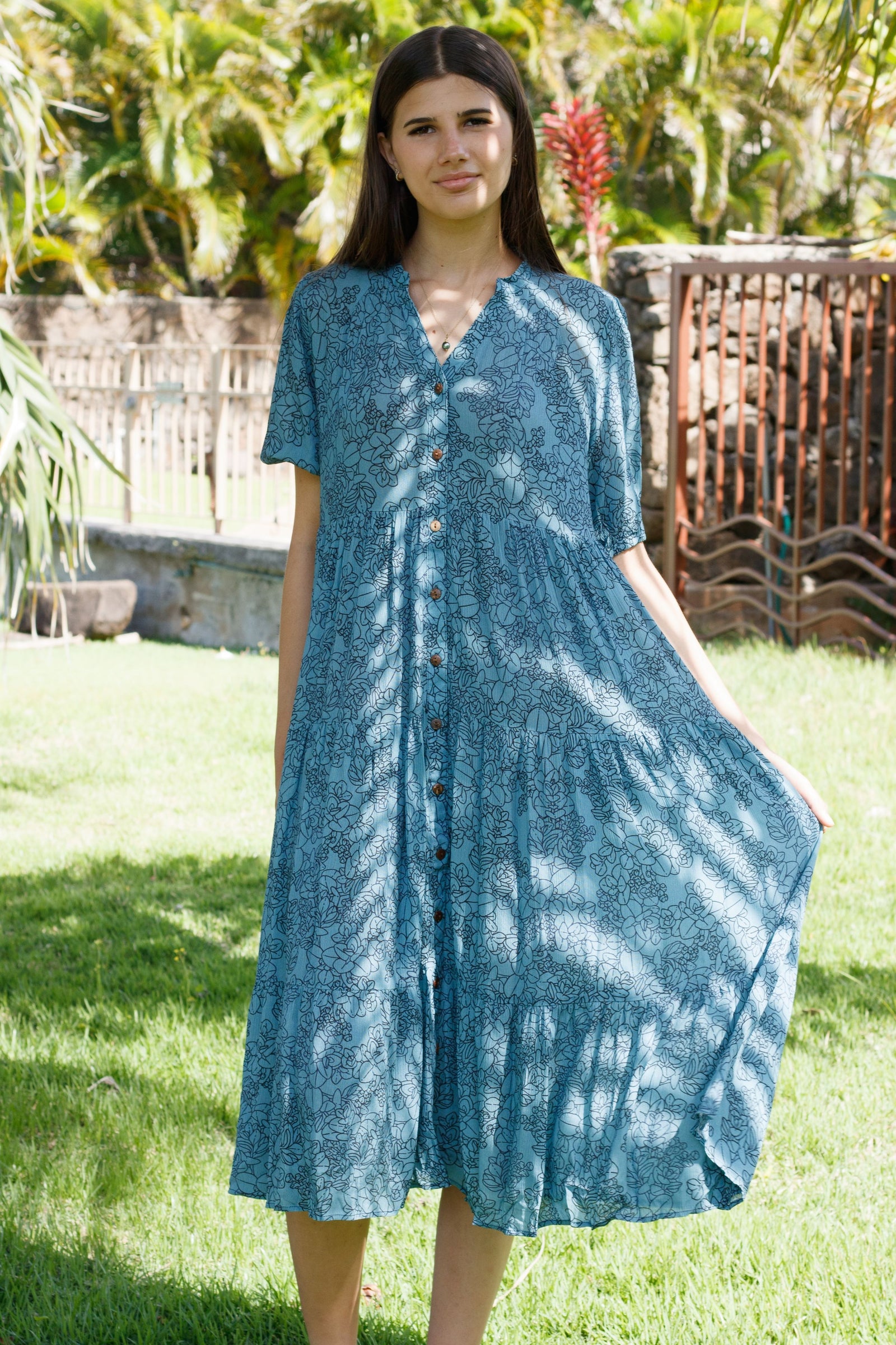 Dress Leilehua in Steel Blue Liko — Front View On-Model | Kahulaleʻa
