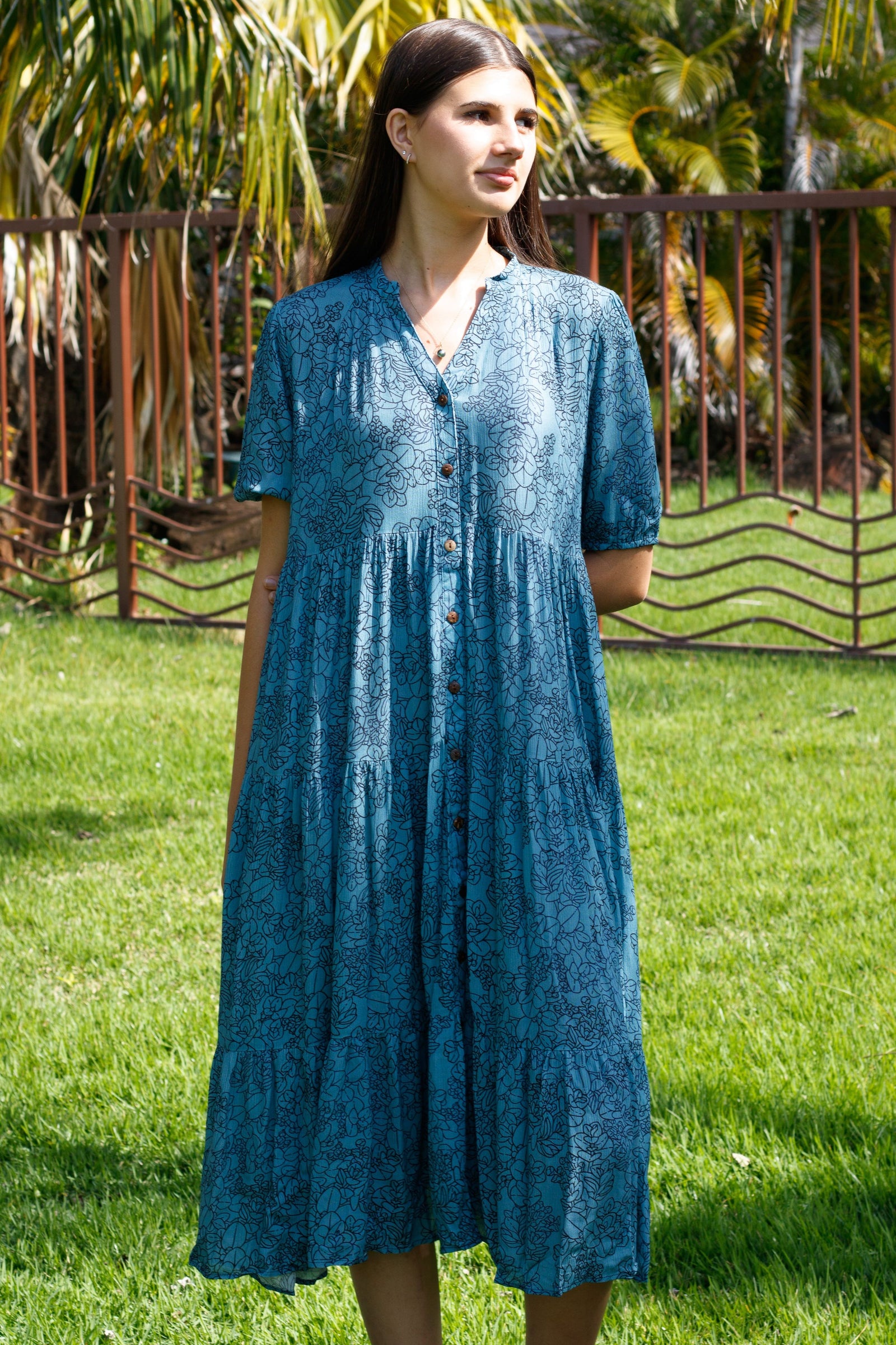 Dress Leilehua in Steel Blue Liko — Front View On-Model | Kahulaleʻa