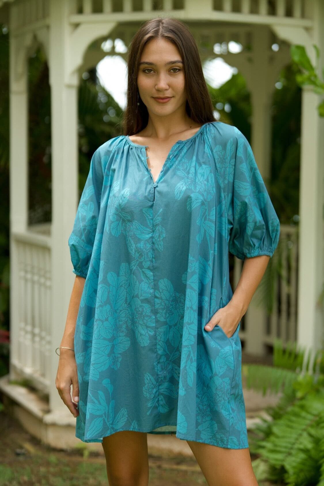 Women's Makalawena Dress in Cerulean Pāʻū o Hiʻiaka - Front View | Kahulaleʻa