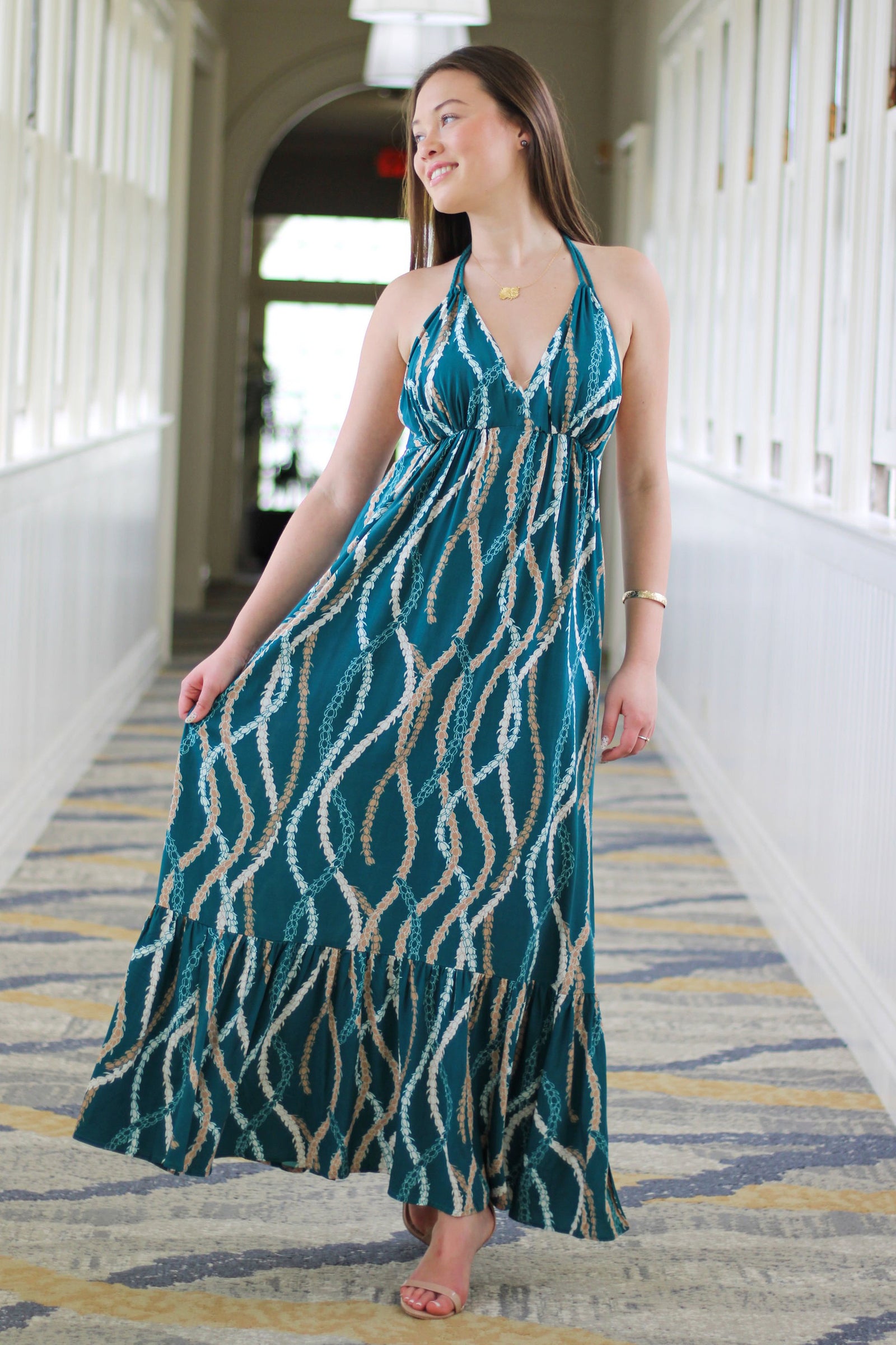 Women's Malia Maxi Dress - Teal Lei Ho'omaika'i - Front View | Kahulaleʻa