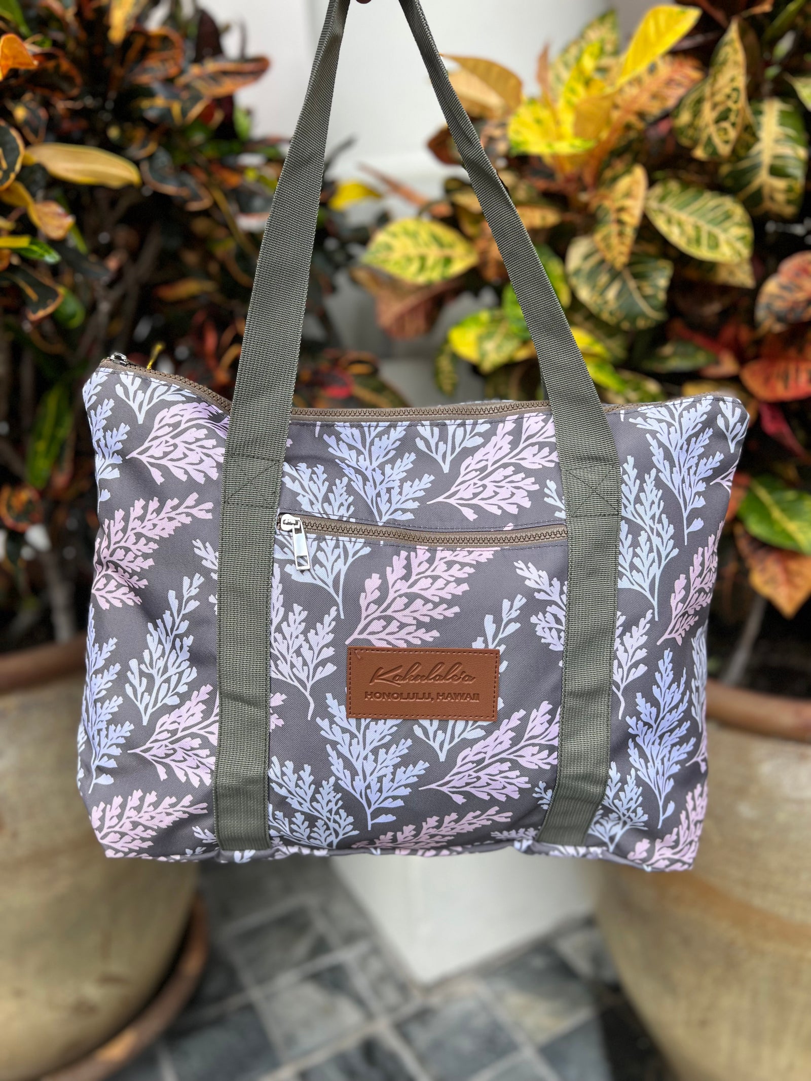 Tote Waikiki in Khaki Pink Palaa - Front View | Kahulaleʻa