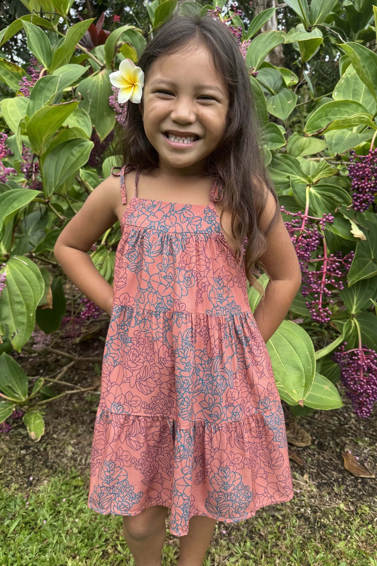 Girl's Tie Top Dress in Coral Tide Liko — Front View, tie straps and tiers | Kahulaleʻa
