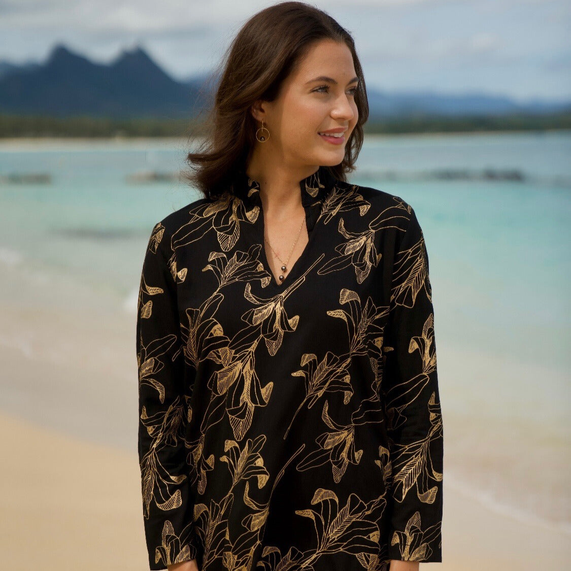 Female Model wearing Black & Gold Dress | Kahulaleʻa