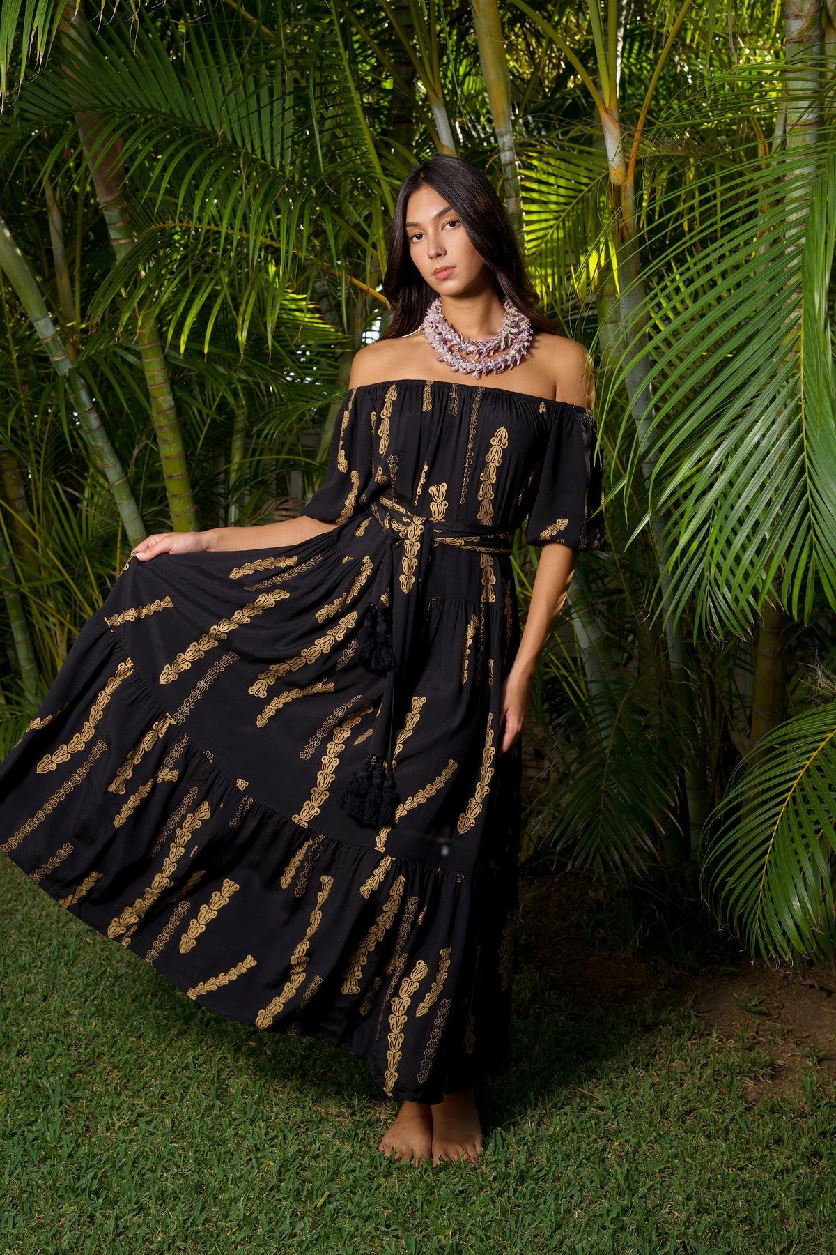 Women's Makaha Dress in Black & Gold Pua Kalaunu - Front View | Kahulaleʻa