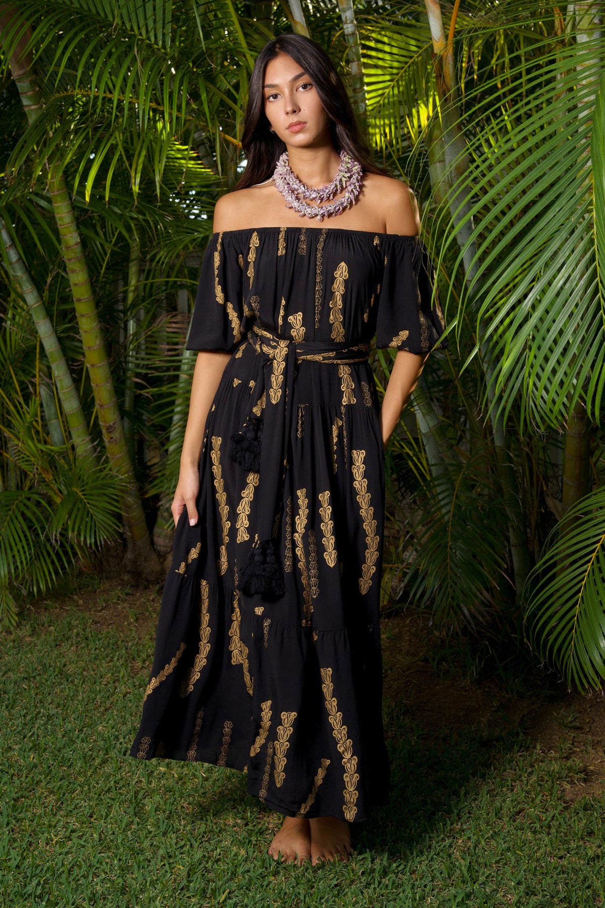 Women's Makaha Dress in Black & Gold Pua Kalaunu - Front View | Kahulaleʻa