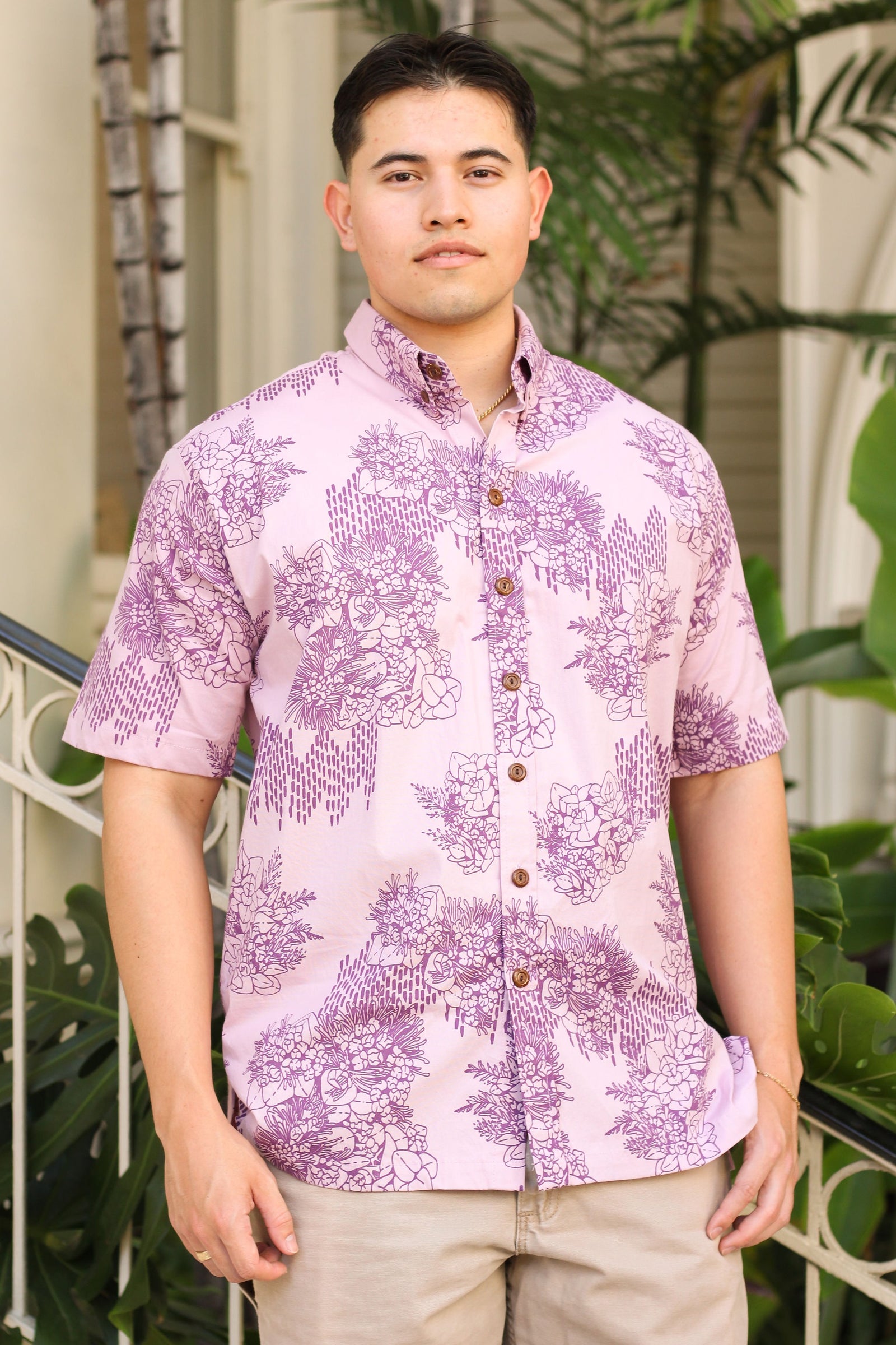 Men's Aloha Shirt in Mulberry Ka Ua Moaniani Lehua O Puna - Front View | Kahulaleʻa