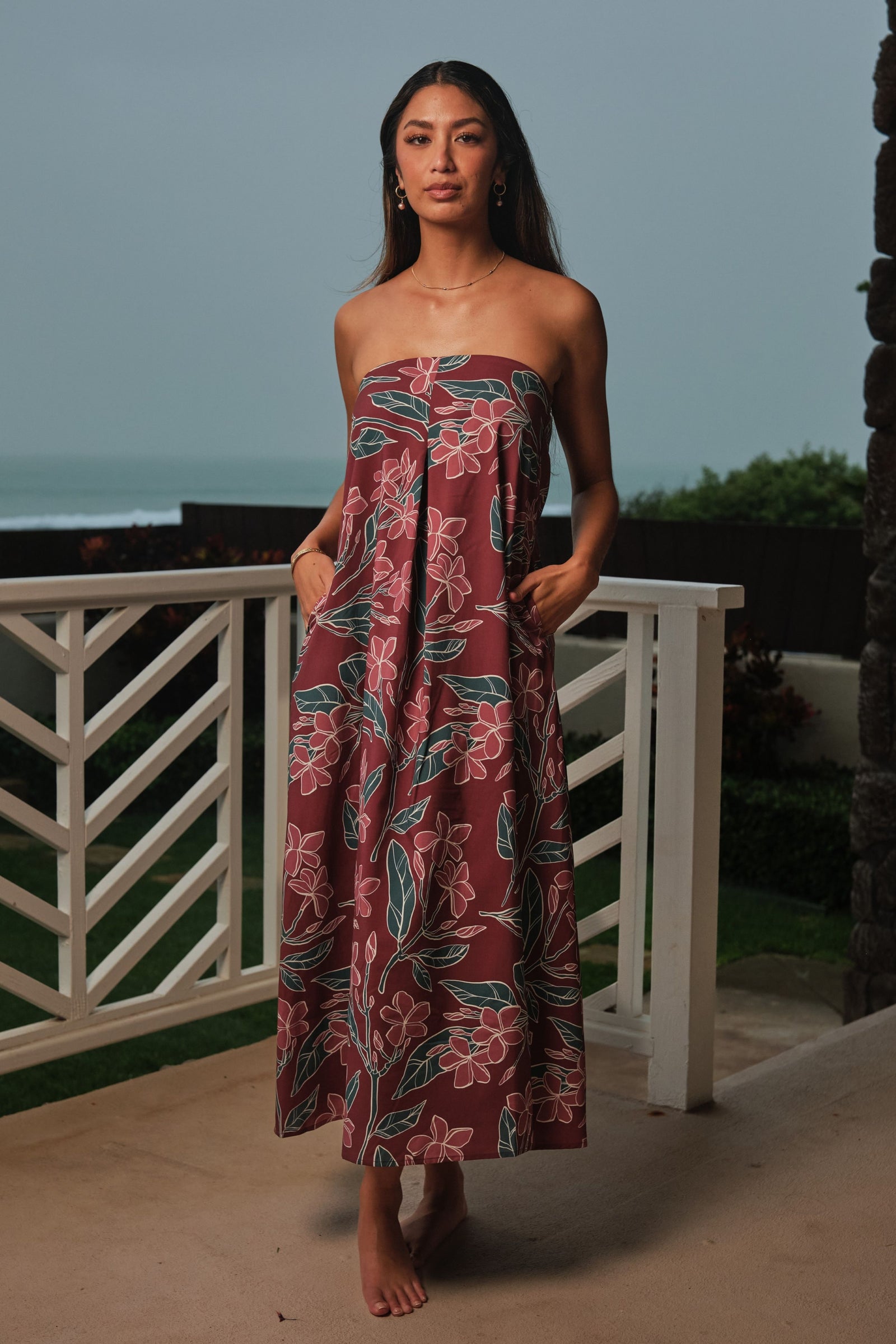 Women's La'akea Dress in Burgundy Pua Melia - Front View | Kahulaleʻa