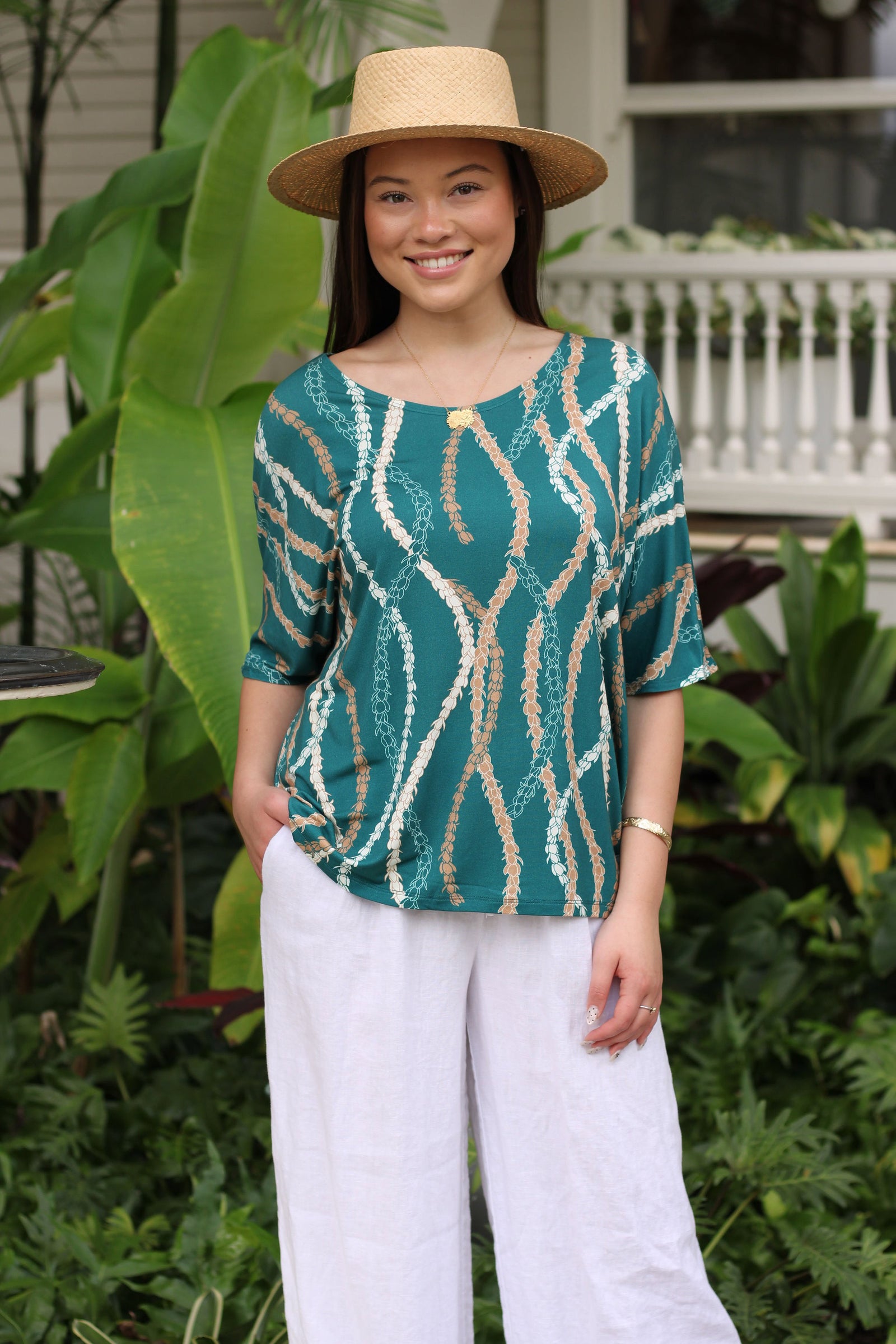Women's Maile Top - Teal Lei Ho'omaika'i - Front View | Kahulaleʻa