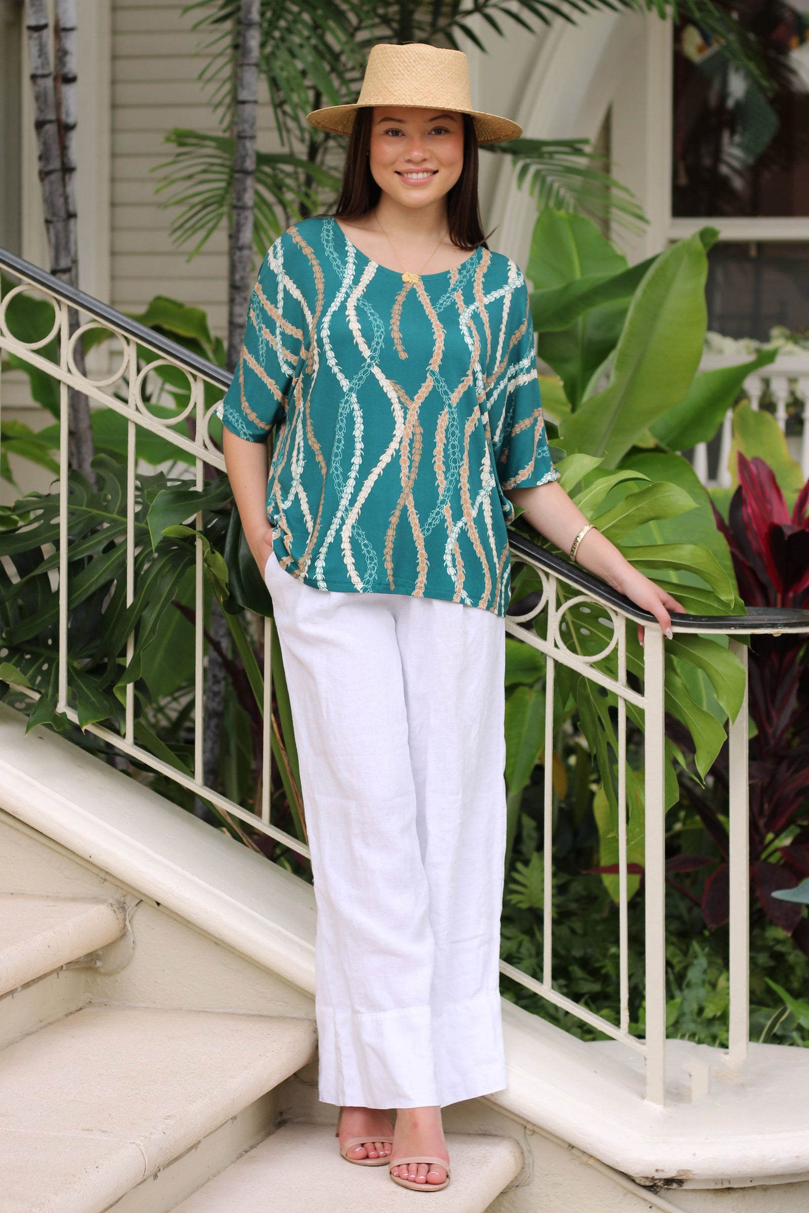 Women's Maile Top - Teal Lei Ho'omaika'i - Front View | Kahulaleʻa