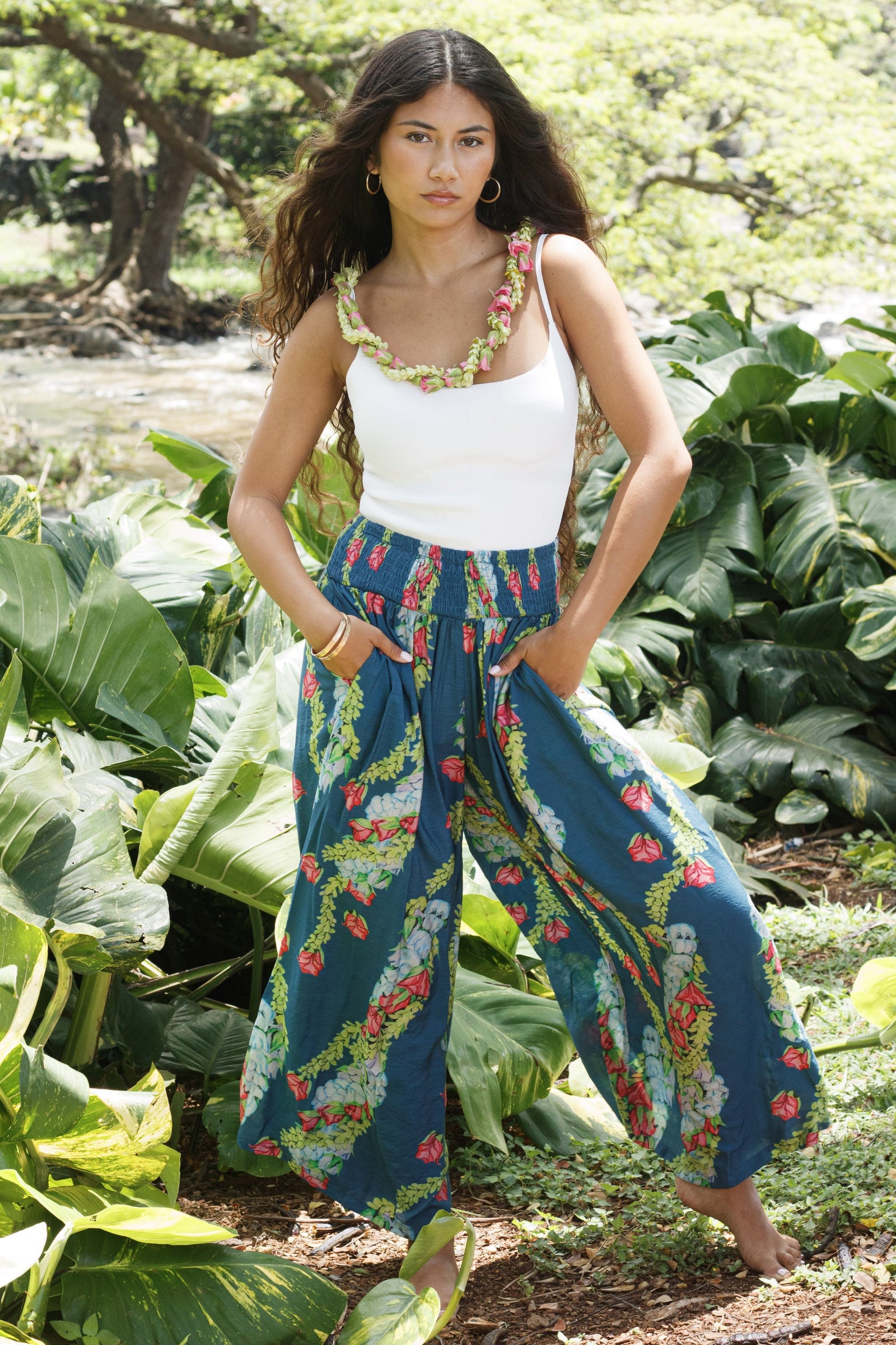 Pants Hālaʻi in Blue Lei Kaʻiʻini — Front View | Kahulaleʻa