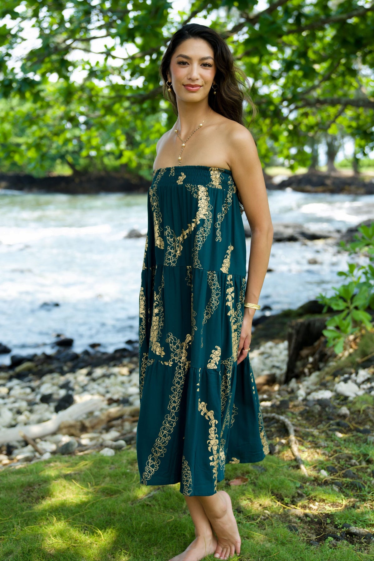 Women's Mahina Tiered Skirt in Teal & Gold Lei Puakenikeni - Side View | Kahulaleʻa
