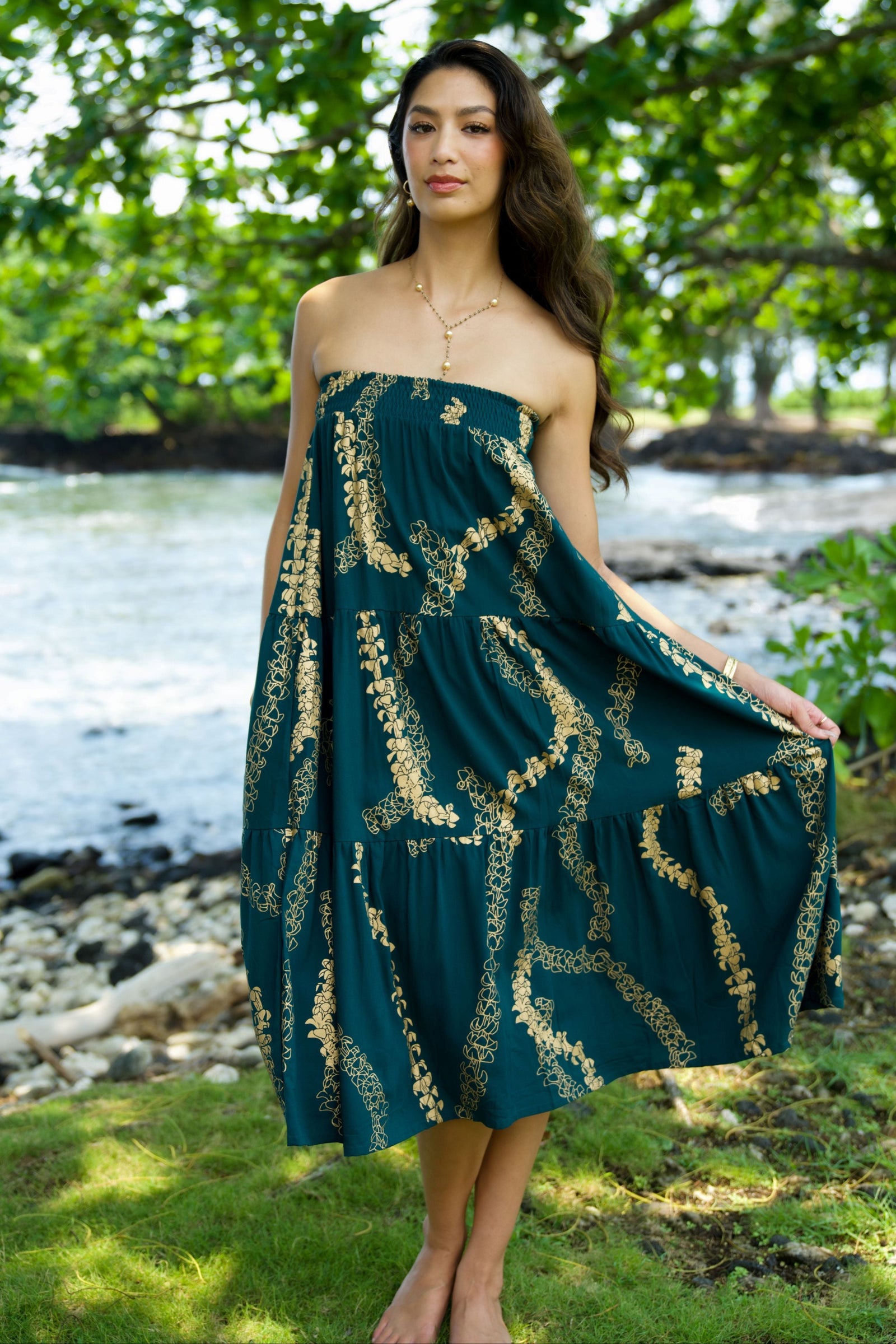 Skirt Mahina Tiered Teal Gold Lei Puakenikeni