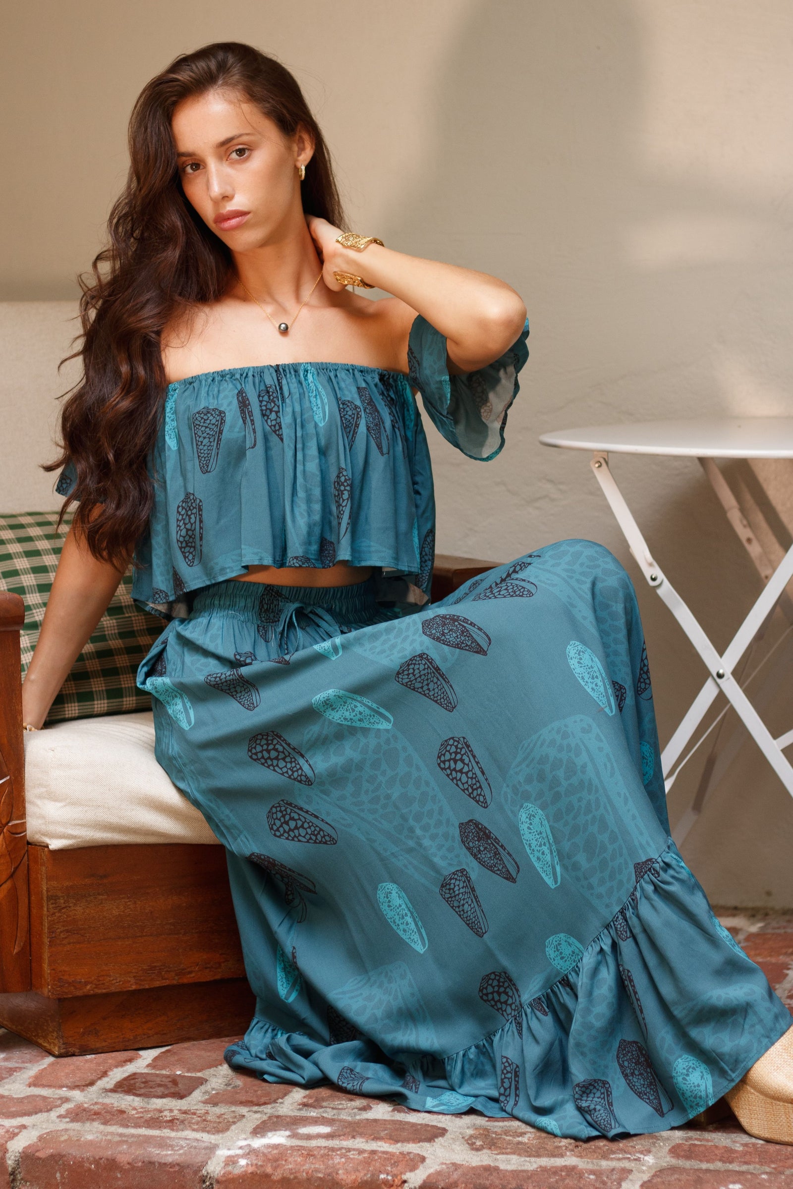 Top Nainoa in Lagoon Pūpū — Front View, worn with the Skirt Nainoa | Kahulaleʻa
