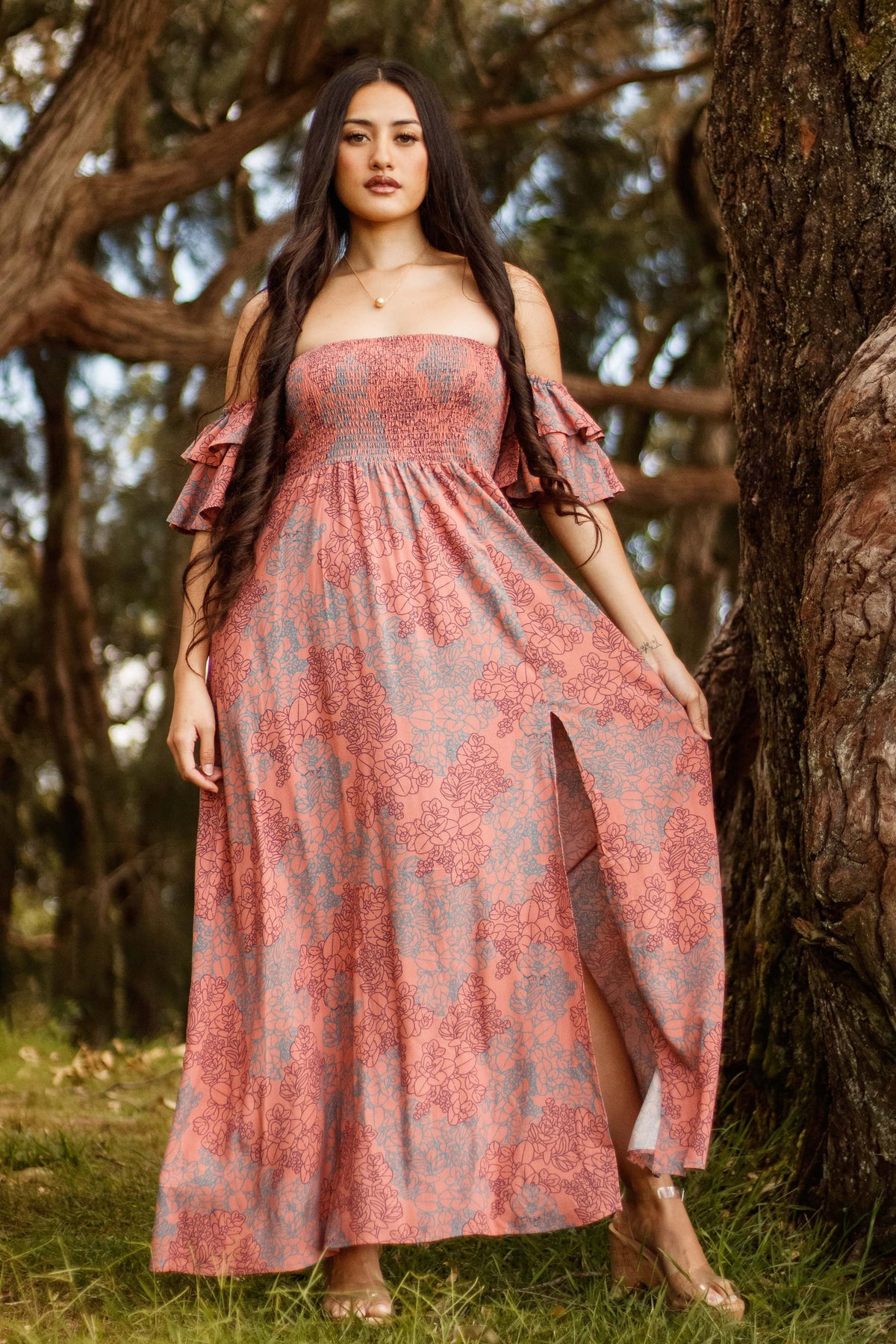 Dress Hoʻolai in Coral Tide Liko — Front View, slit open | Kahulaleʻa