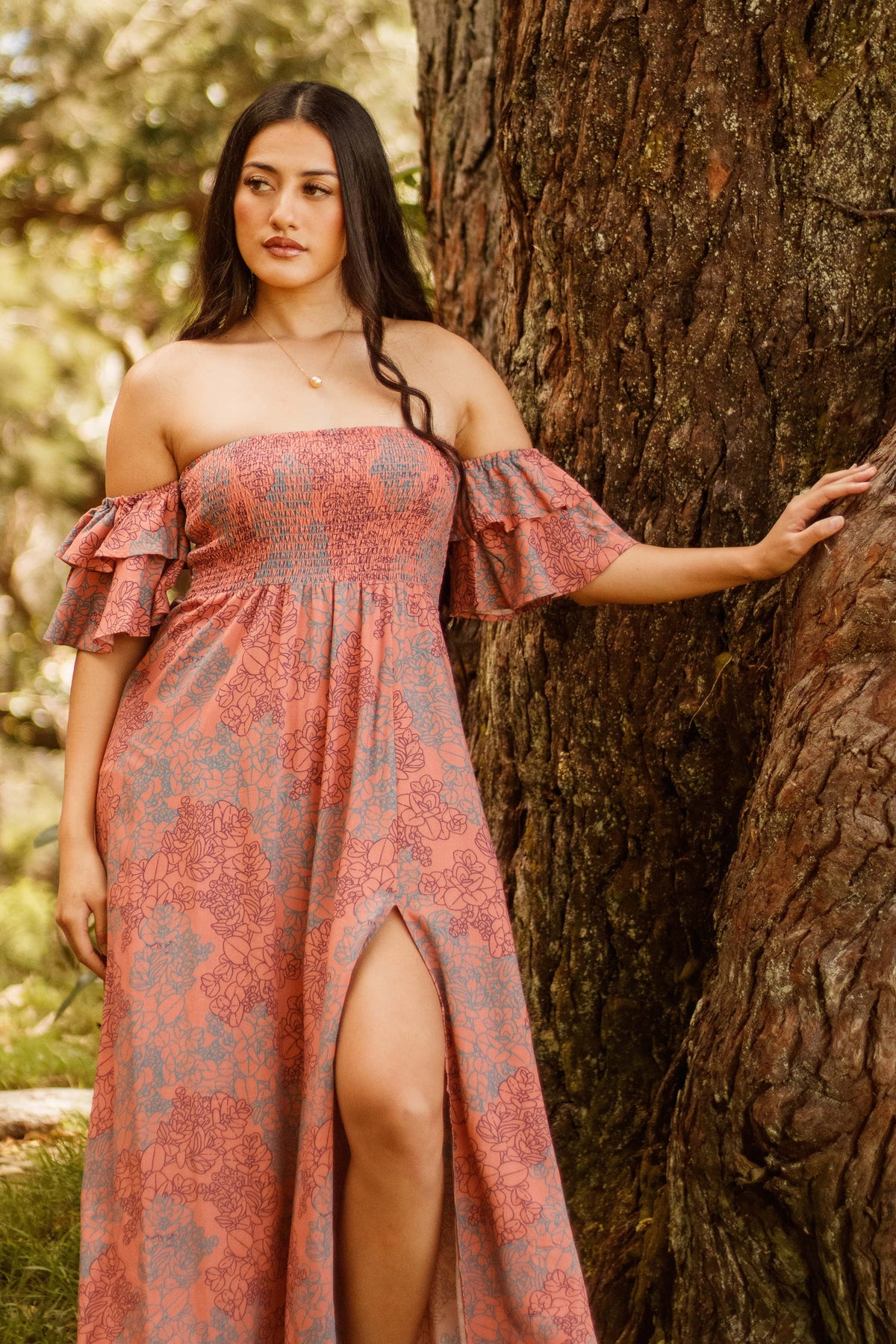 Dress Hoʻolai in Coral Tide Liko — Front View, closer crop | Kahulaleʻa