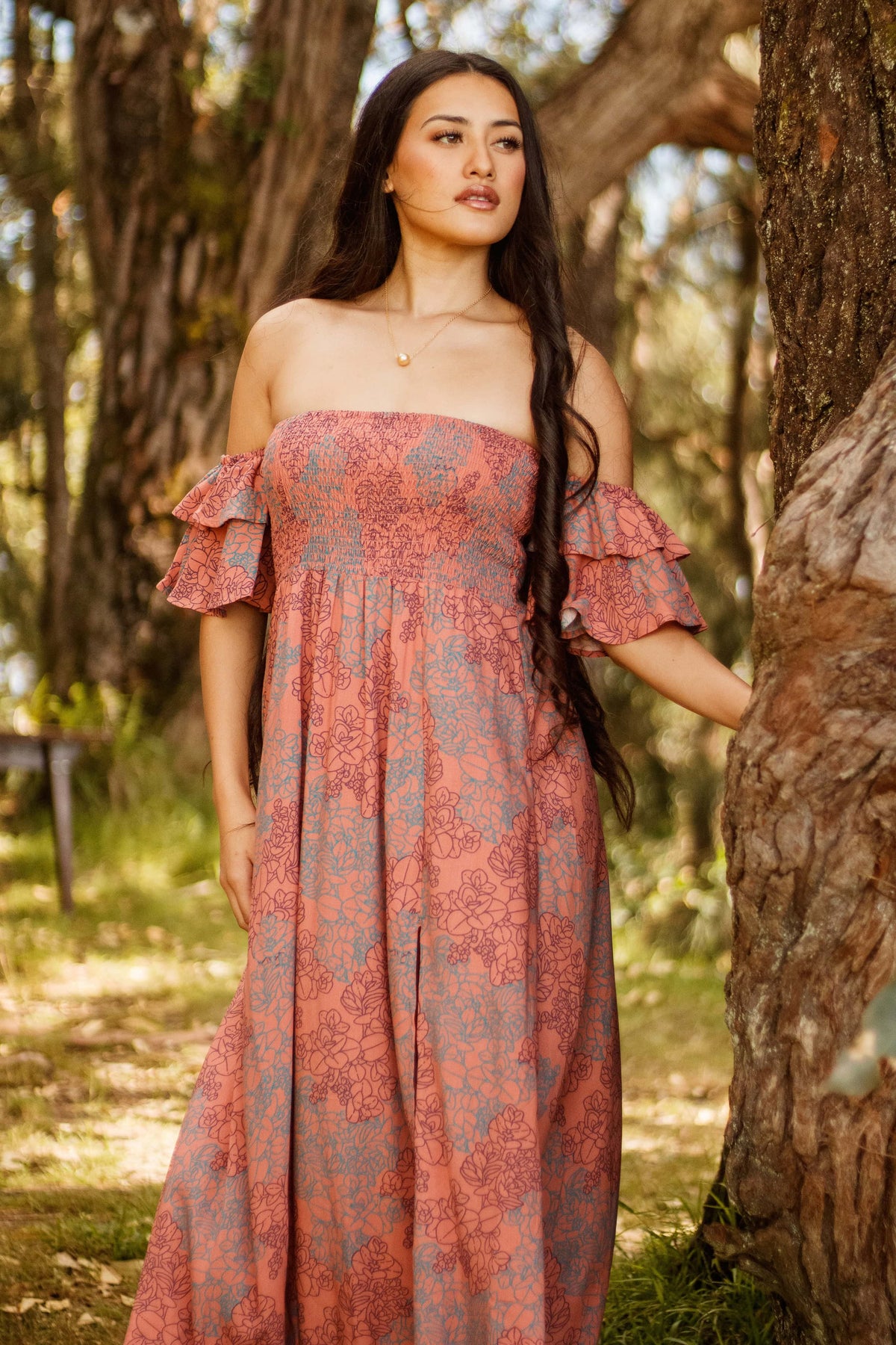 Dress Hoʻolai in Coral Tide Liko — Front View, straight on | Kahulaleʻa