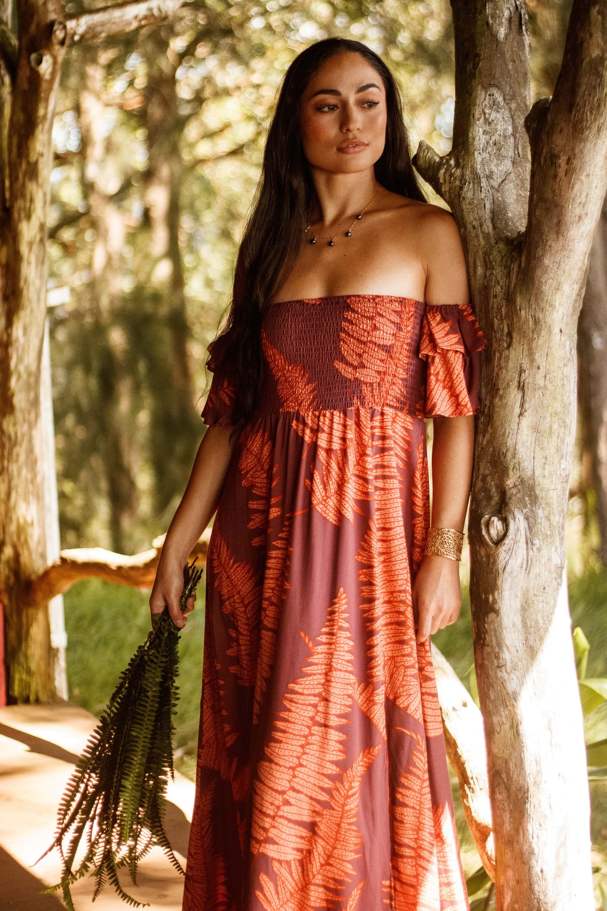 Dress Hoʻolai in Ember Glow Kupukupu — Front View, closer crop | Kahulaleʻa