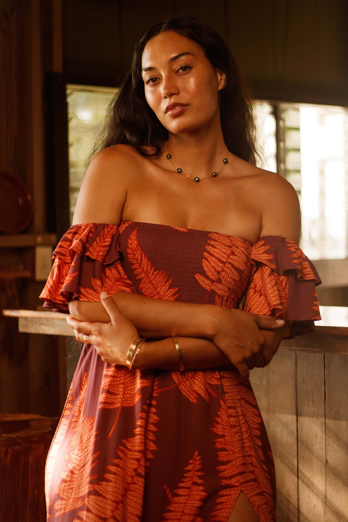 Dress Hoʻolai in Ember Glow Kupukupu — Close-Up, smocked top and sleeves | Kahulaleʻa