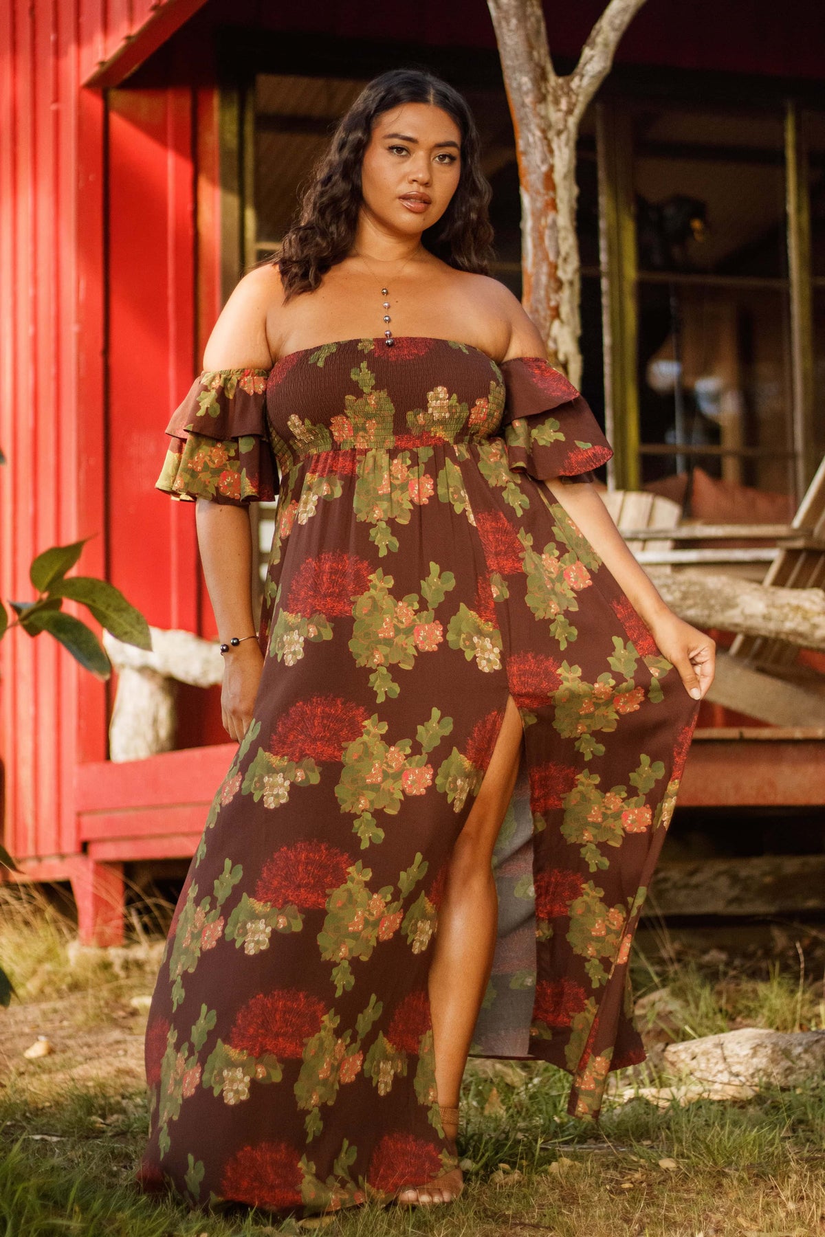 Dress Hoʻolai in Mocha Lehua Blossom — Front View, slit open | Kahulaleʻa