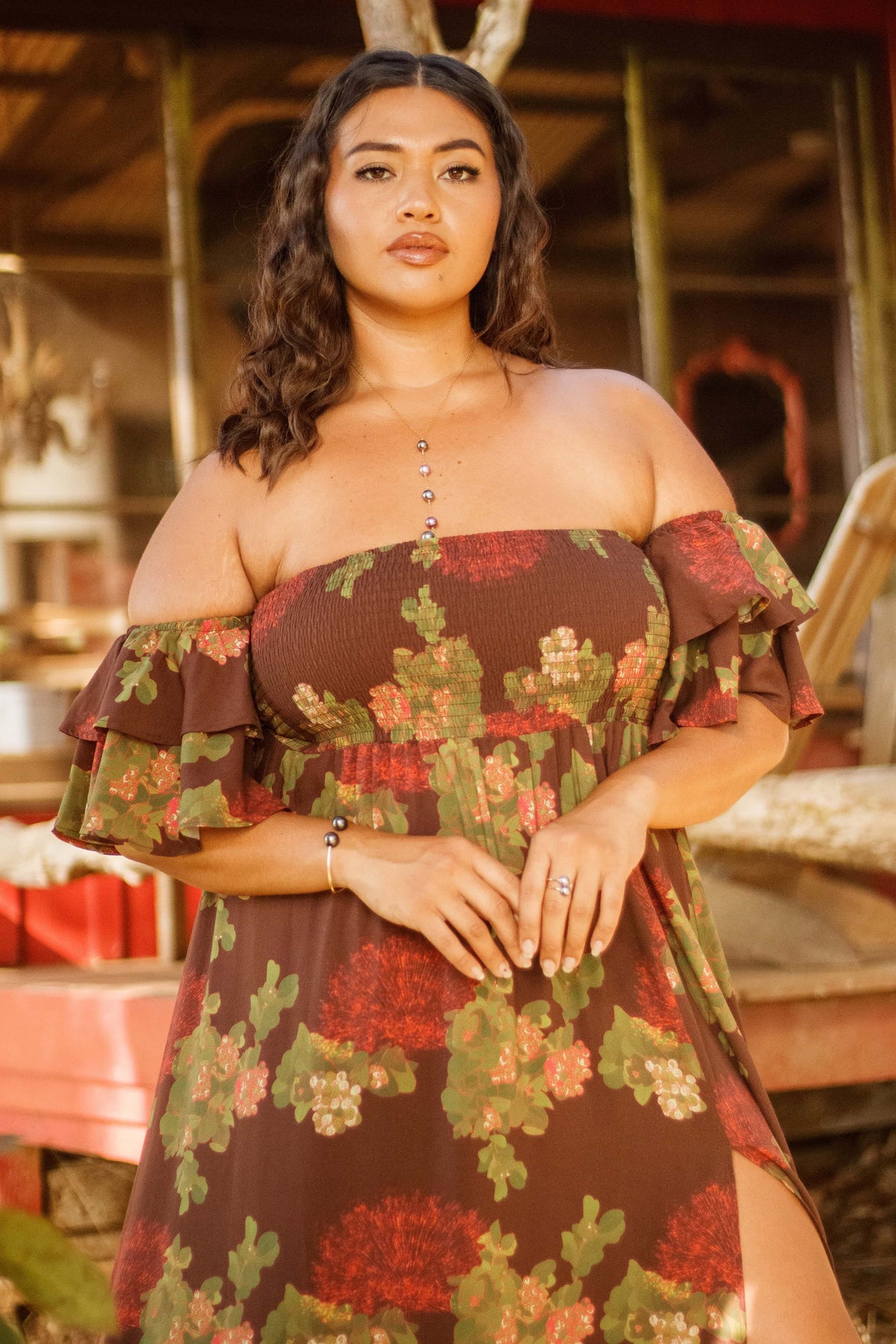 Dress Hoʻolai in Mocha Lehua Blossom — Close-Up, smocked top | Kahulaleʻa