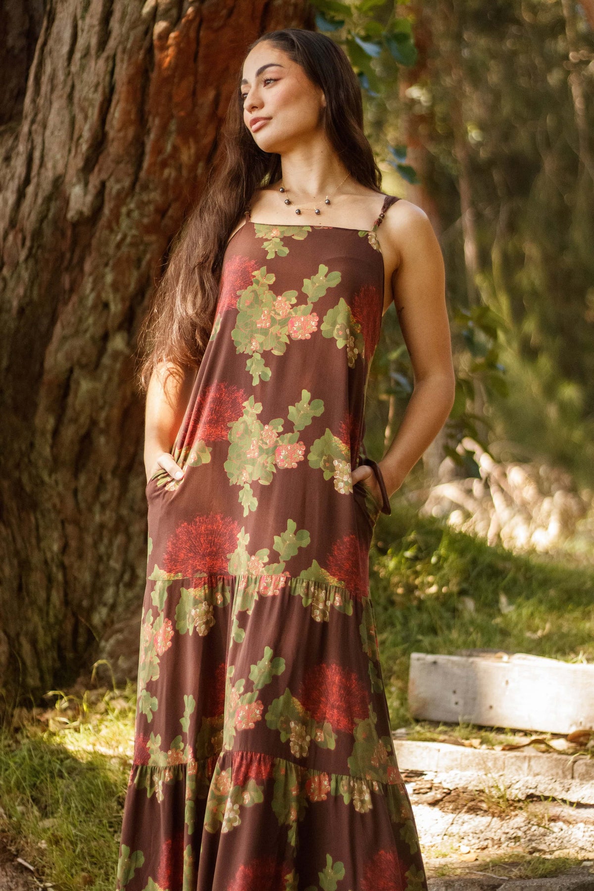 Dress Kalaeloa in Mocha Lehua Blossom — Front View, closer crop | Kahulaleʻa