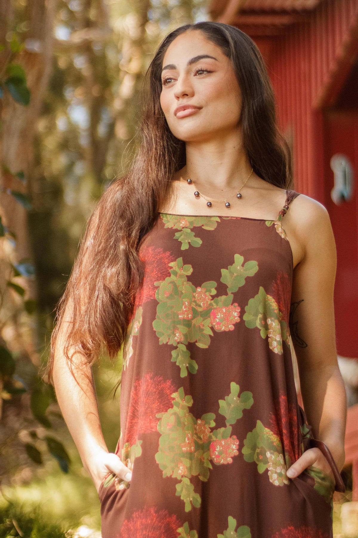 Dress Kalaeloa in Mocha Lehua Blossom — Close-Up, neckline | Kahulaleʻa