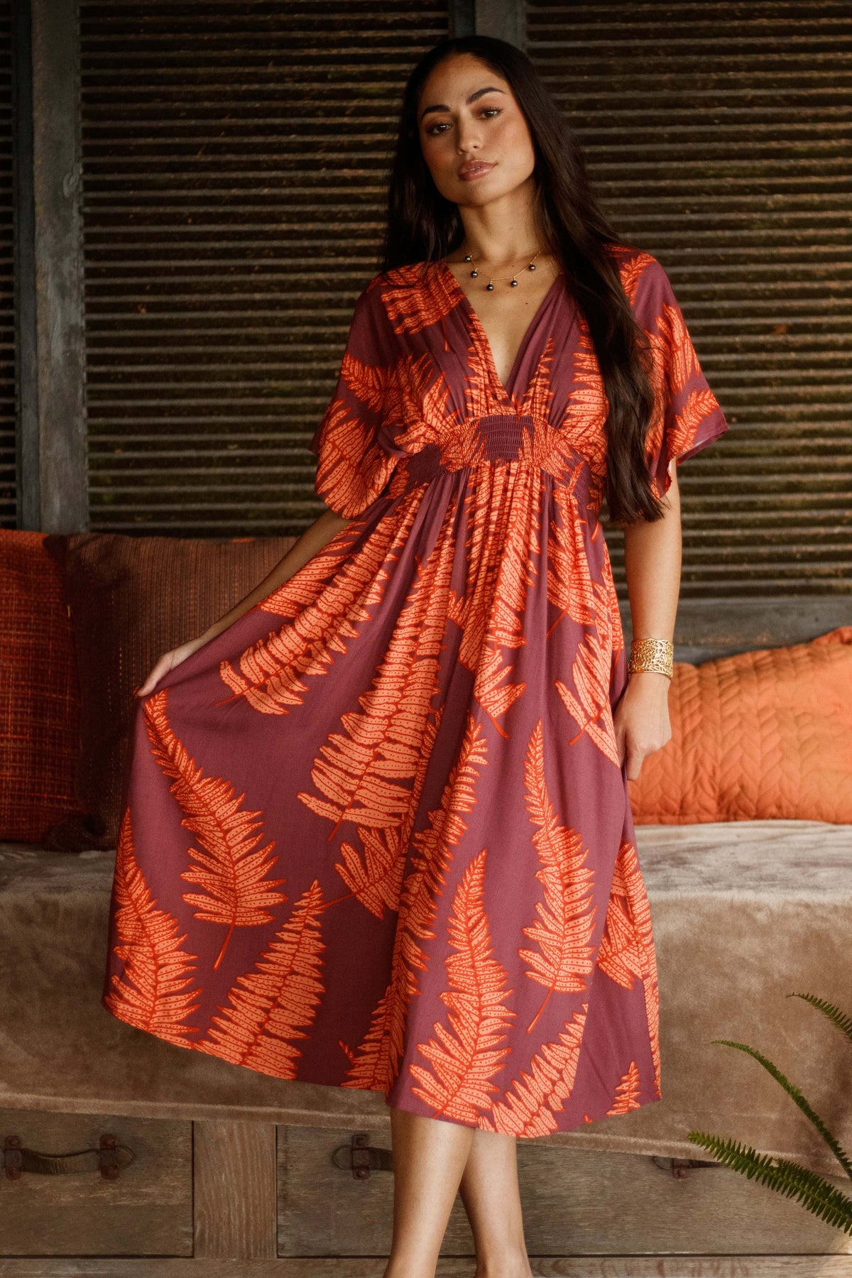 Dress Kamaile in Ember Glow Kupukupu — Front View, skirt in hand | Kahulaleʻa