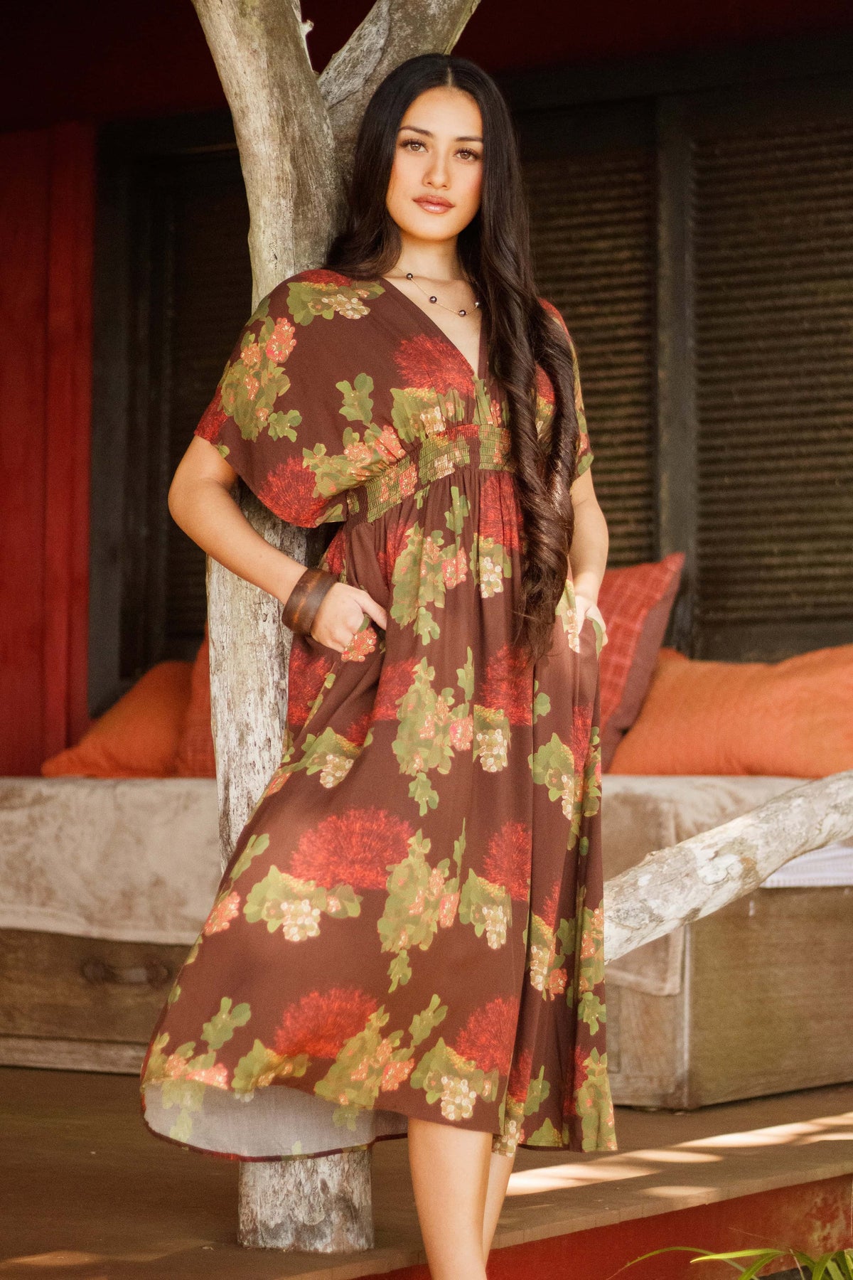 Dress Kamaile in Mocha Lehua Blossom — Front View, hand in pocket | Kahulaleʻa