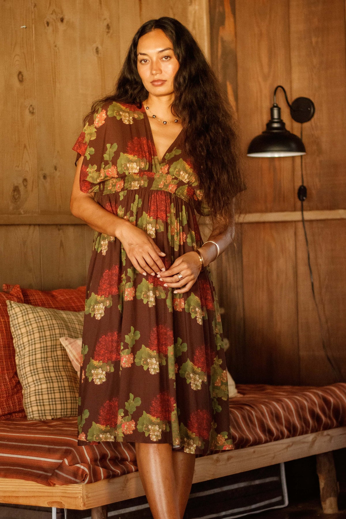 Dress Kamaile in Mocha Lehua Blossom — Front View, closer crop | Kahulaleʻa
