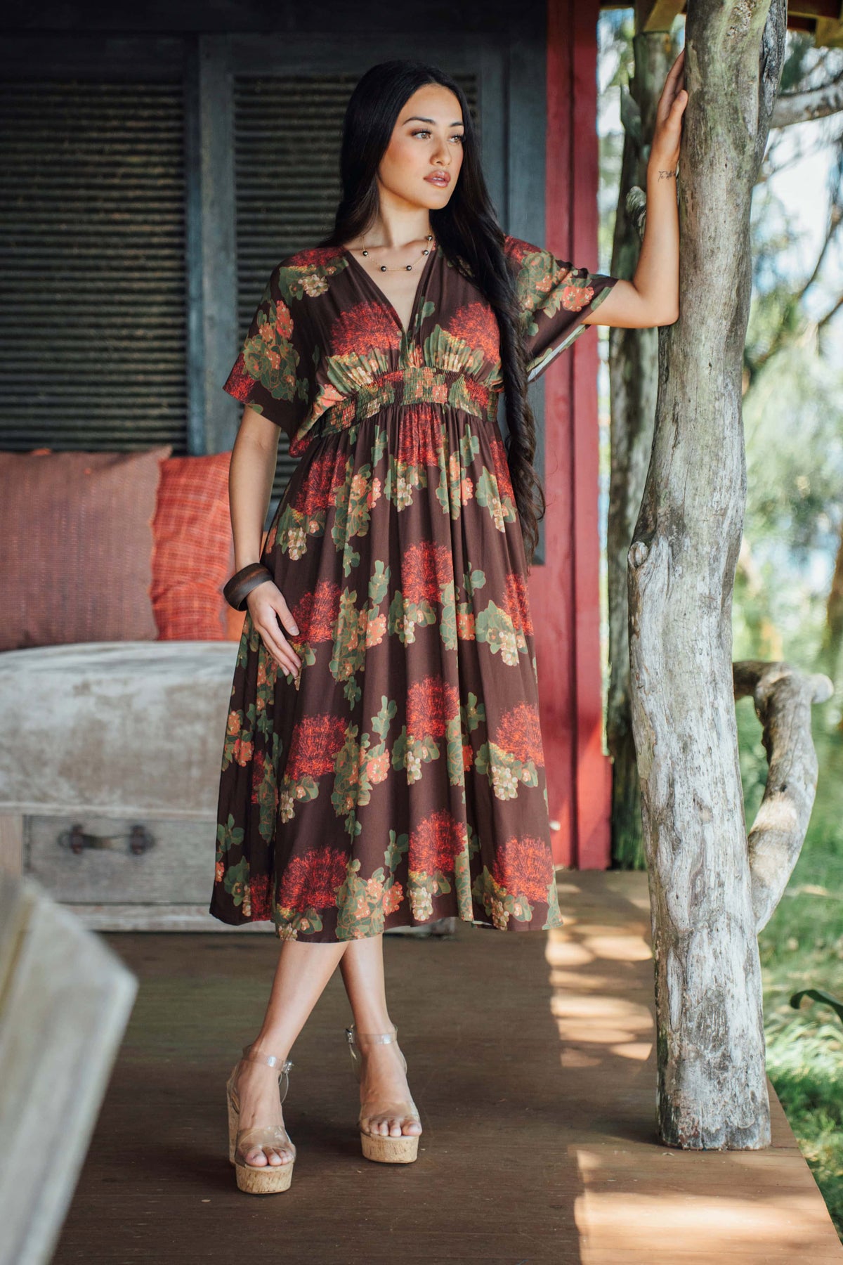 Dress Kamaile in Mocha Lehua Blossom — Side View | Kahulaleʻa