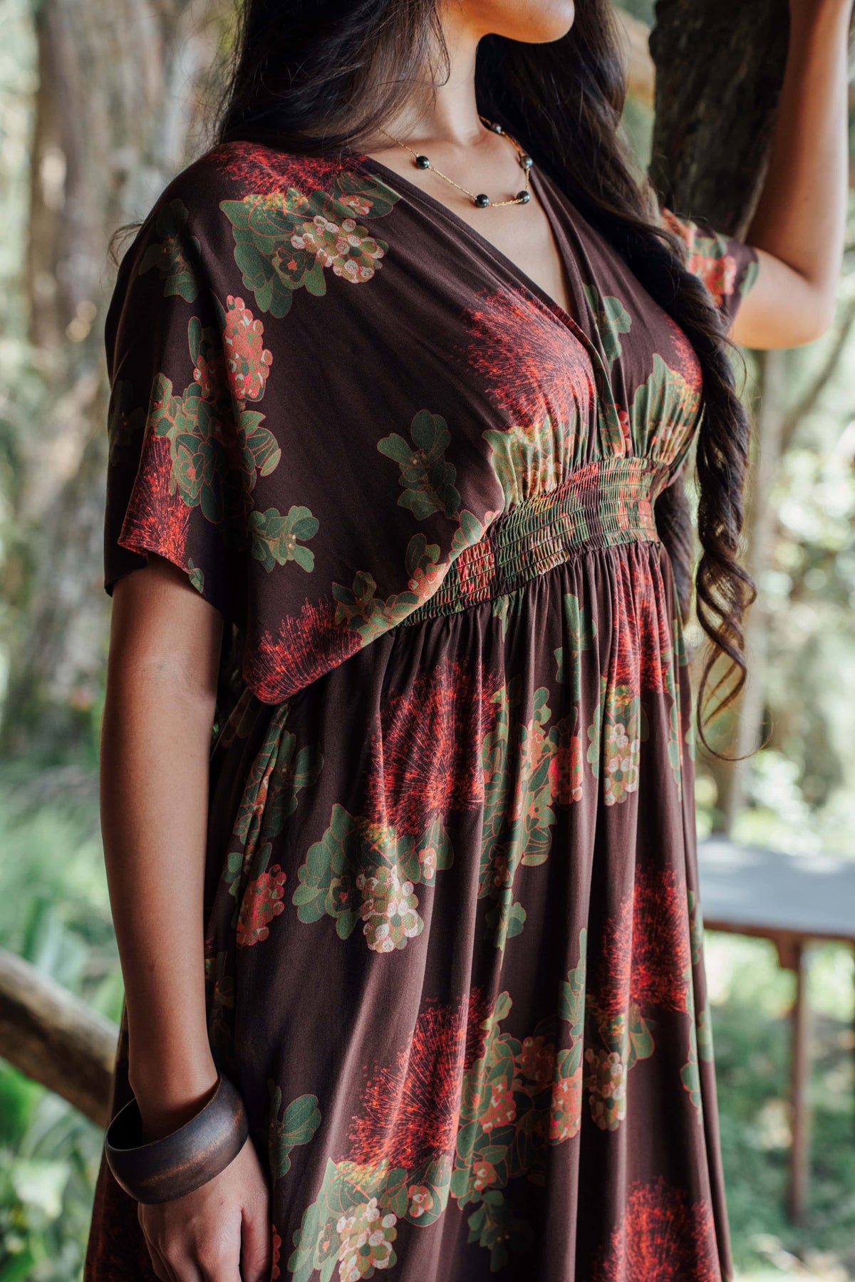 Dress Kamaile in Mocha Lehua Blossom — Detail, smocked waist | Kahulaleʻa