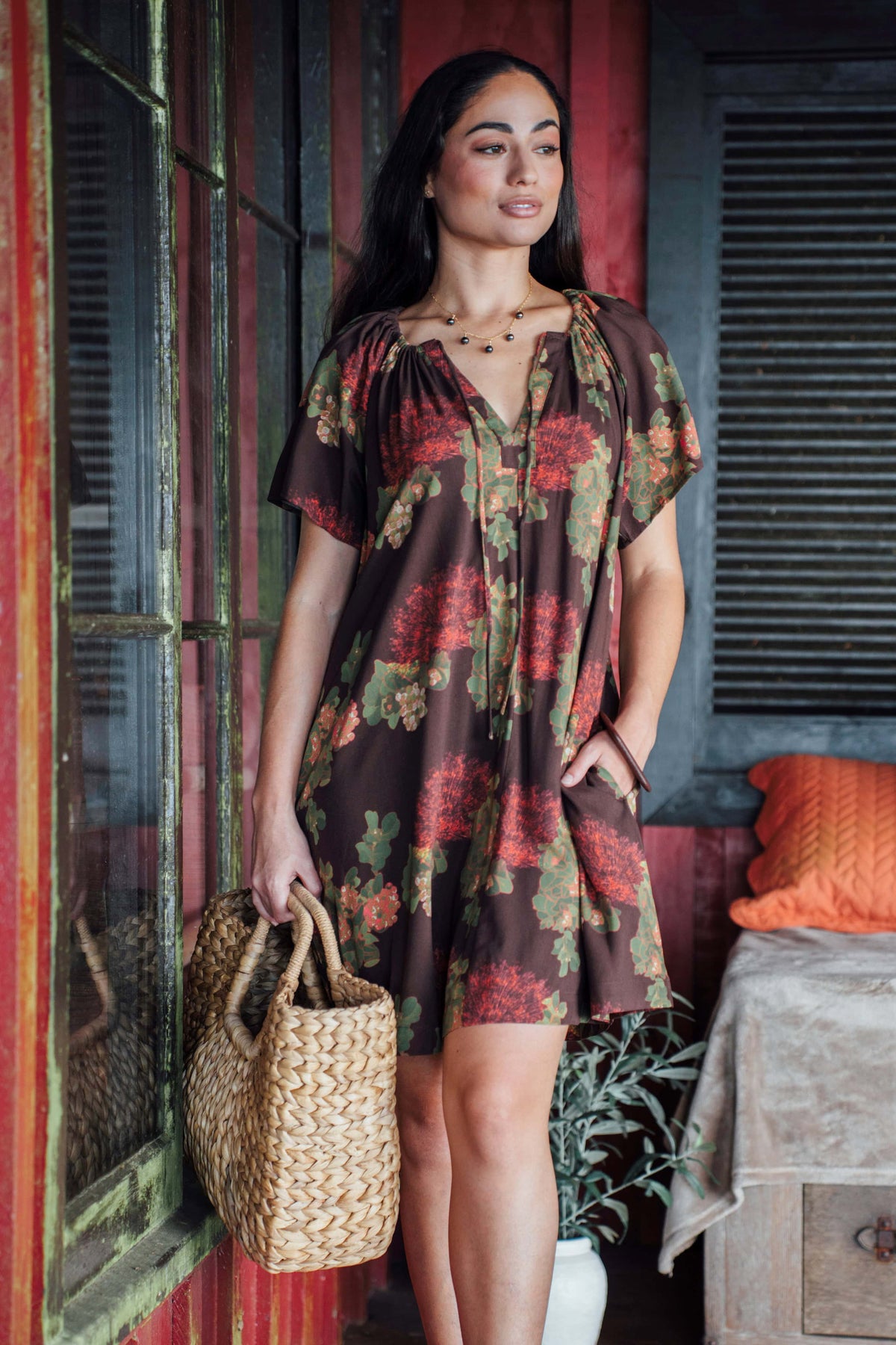 Dress Leilani in Mocha Lehua Blossom — Front View, hand in pocket | Kahulaleʻa