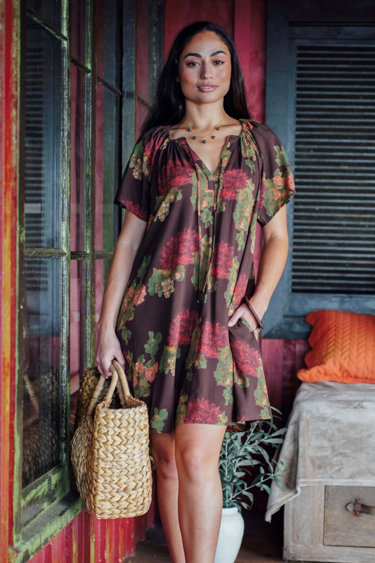 Dress Leilani in Mocha Lehua Blossom — Front View, straight on | Kahulaleʻa
