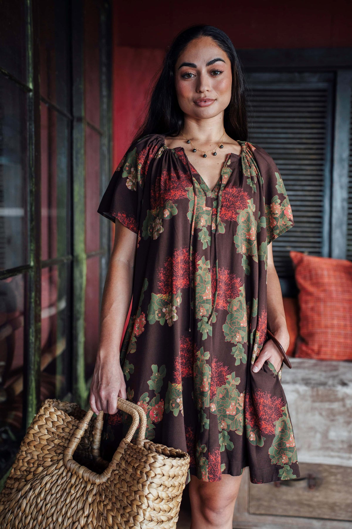 Dress Leilani in Mocha Lehua Blossom — Front View, closer crop | Kahulaleʻa
