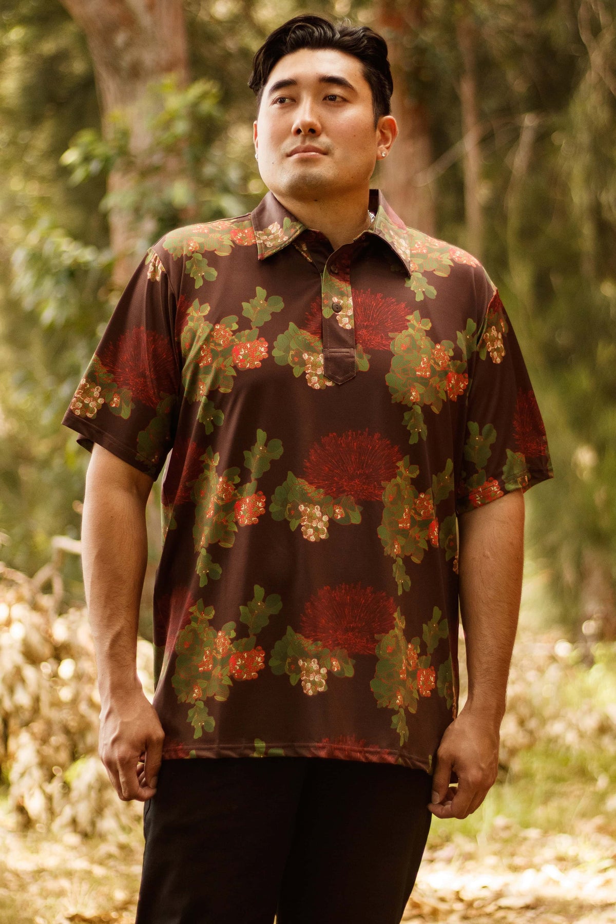 Men's Active Polo in Mocha Lehua Blossom — Front View | Kahulaleʻa
