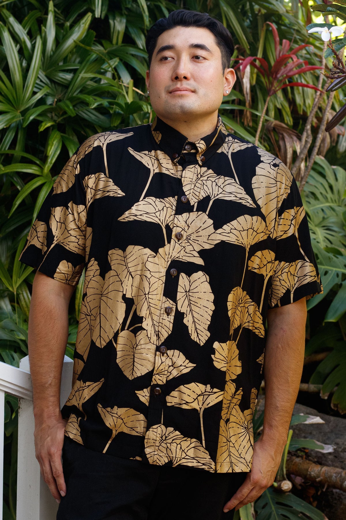 Men's Aloha Shirt in Black Gold Lauloa Keʻokeʻo Kalo — Front View | Kahulaleʻa