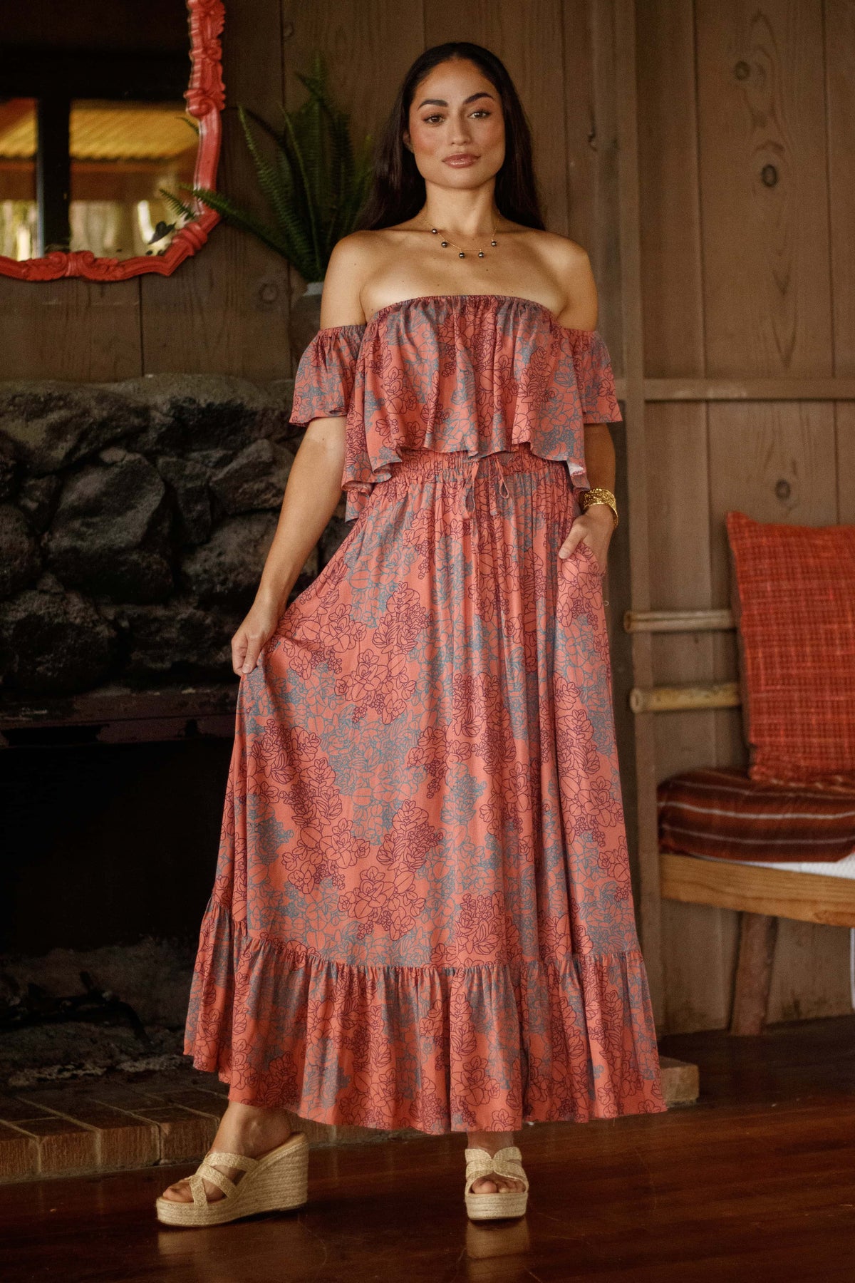 Skirt Nainoa in Coral Tide Liko — Front View, skirt in hand, worn with the Top Nainoa | Kahulaleʻa