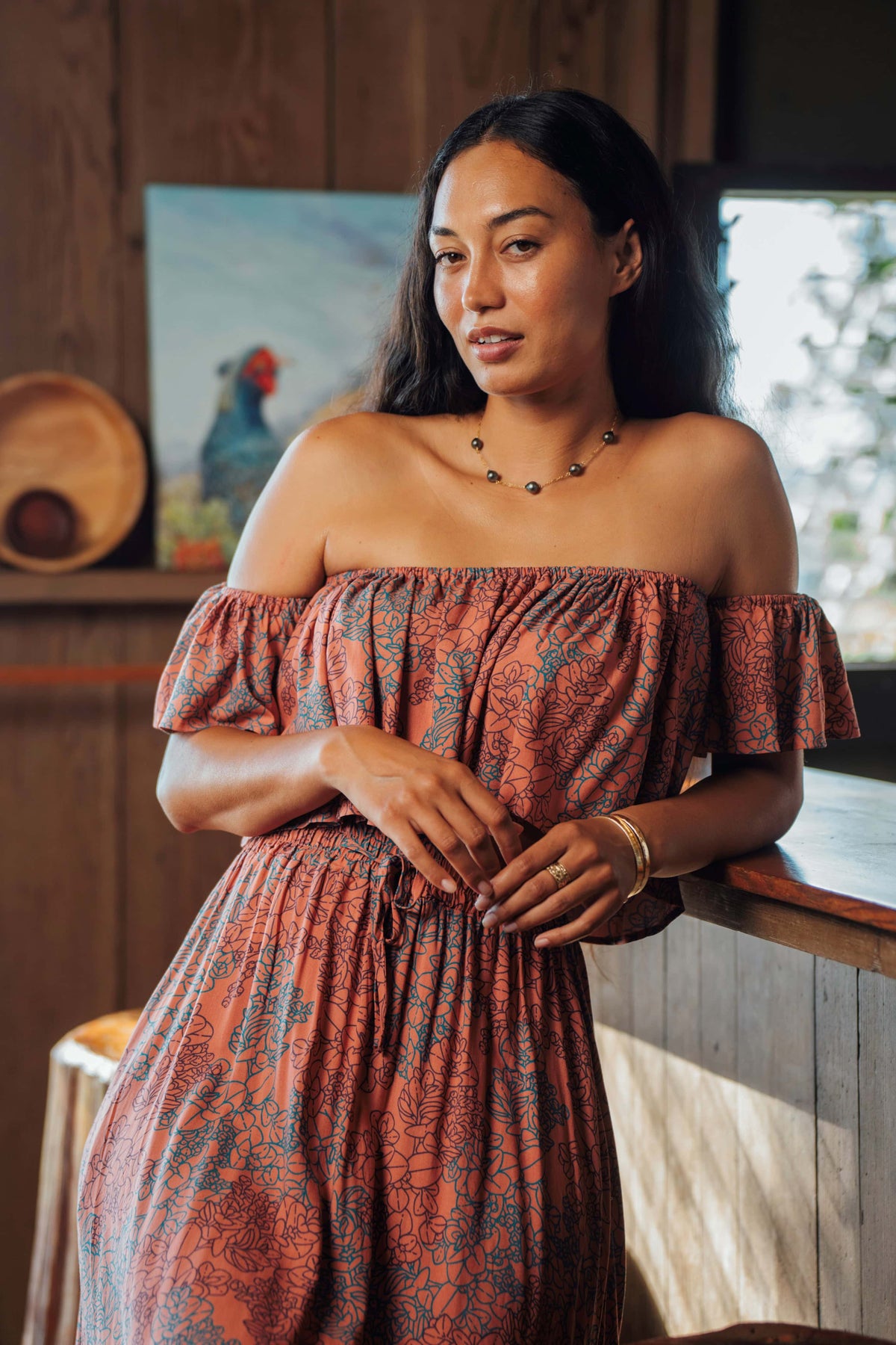 Top Nainoa in Coral Tide Liko — Close-Up, worn with the Skirt Nainoa, waist | Kahulaleʻa