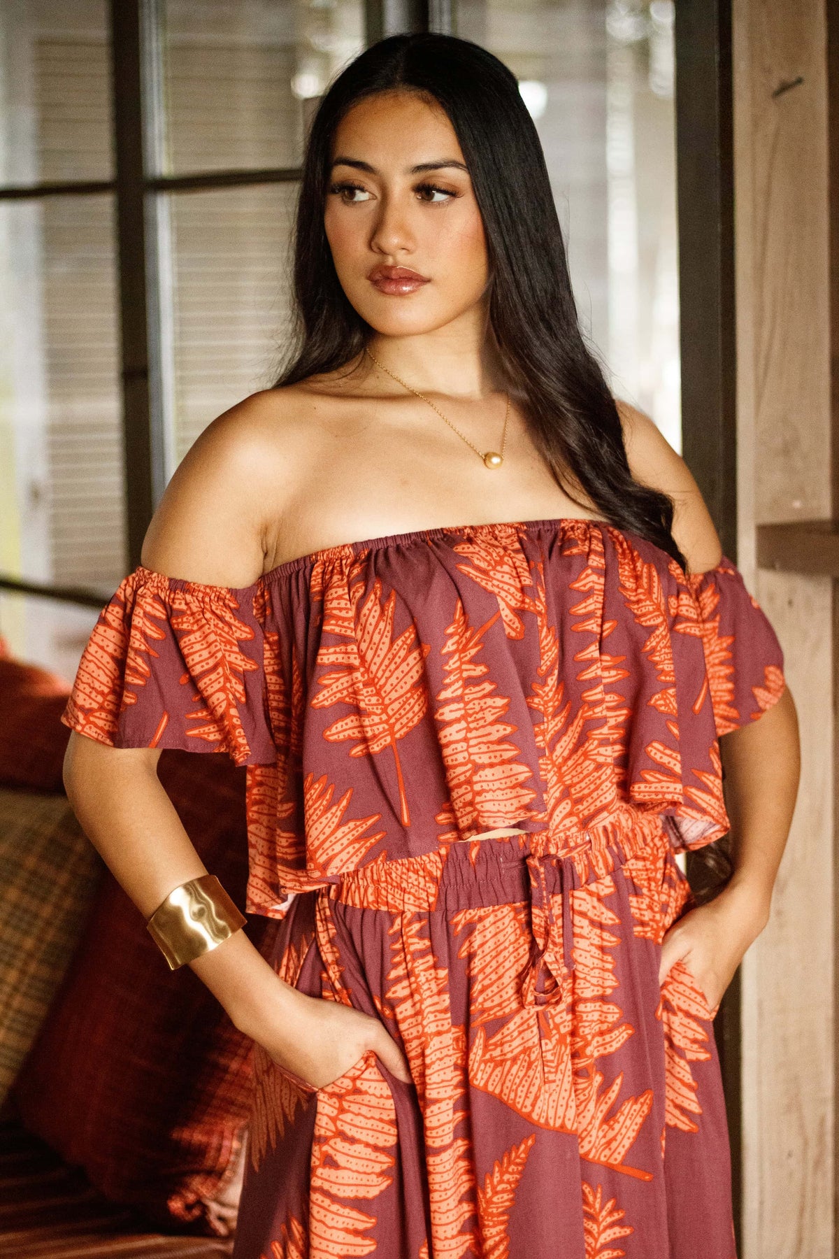 Top Nainoa in Ember Glow Kupukupu — Close-Up, neckline and sleeves, worn with the Skirt Nainoa | Kahulaleʻa