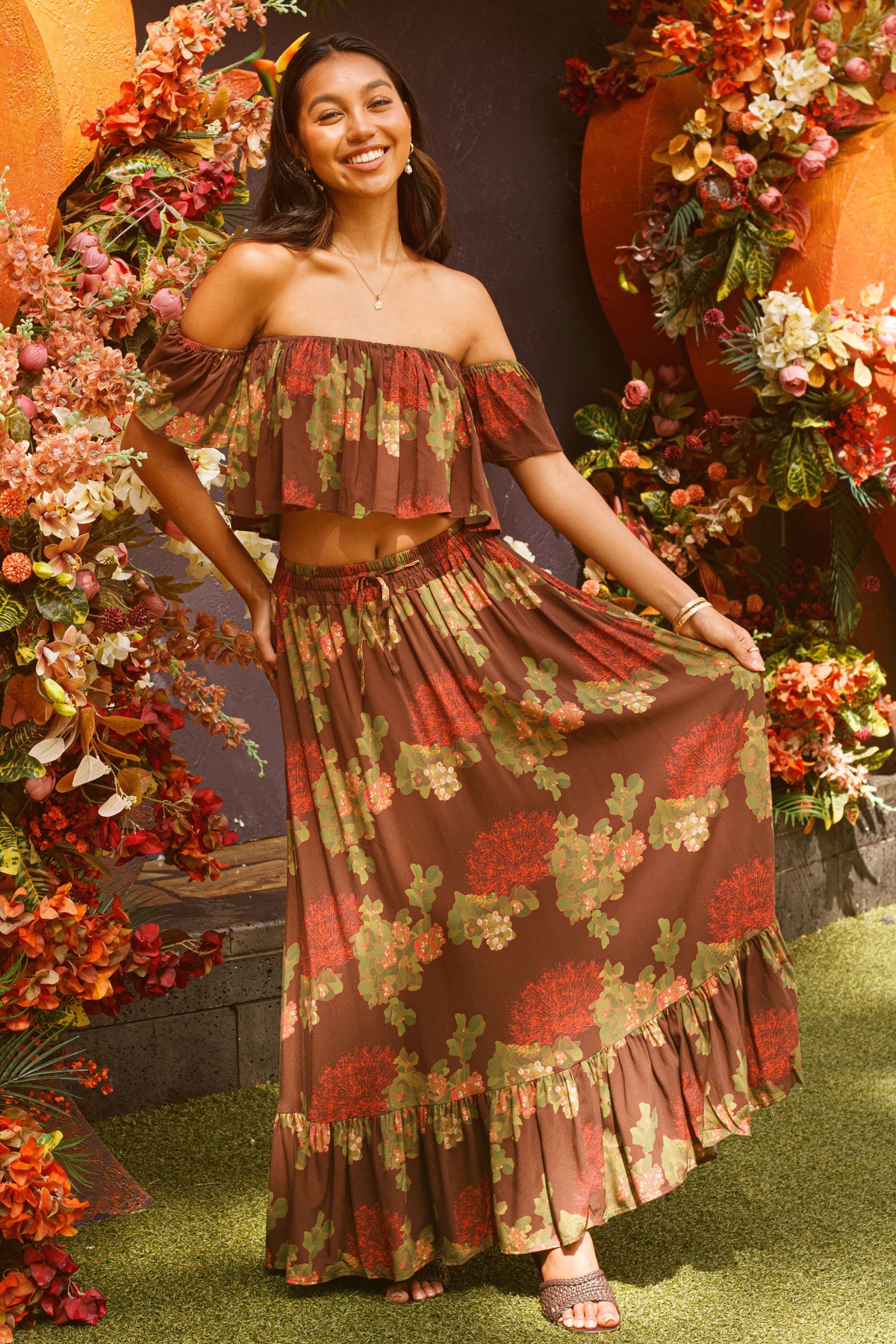Skirt Nainoa in Mocha Lehua Blossom — Full Length, skirt held out, worn with the Top Nainoa | Kahulaleʻa