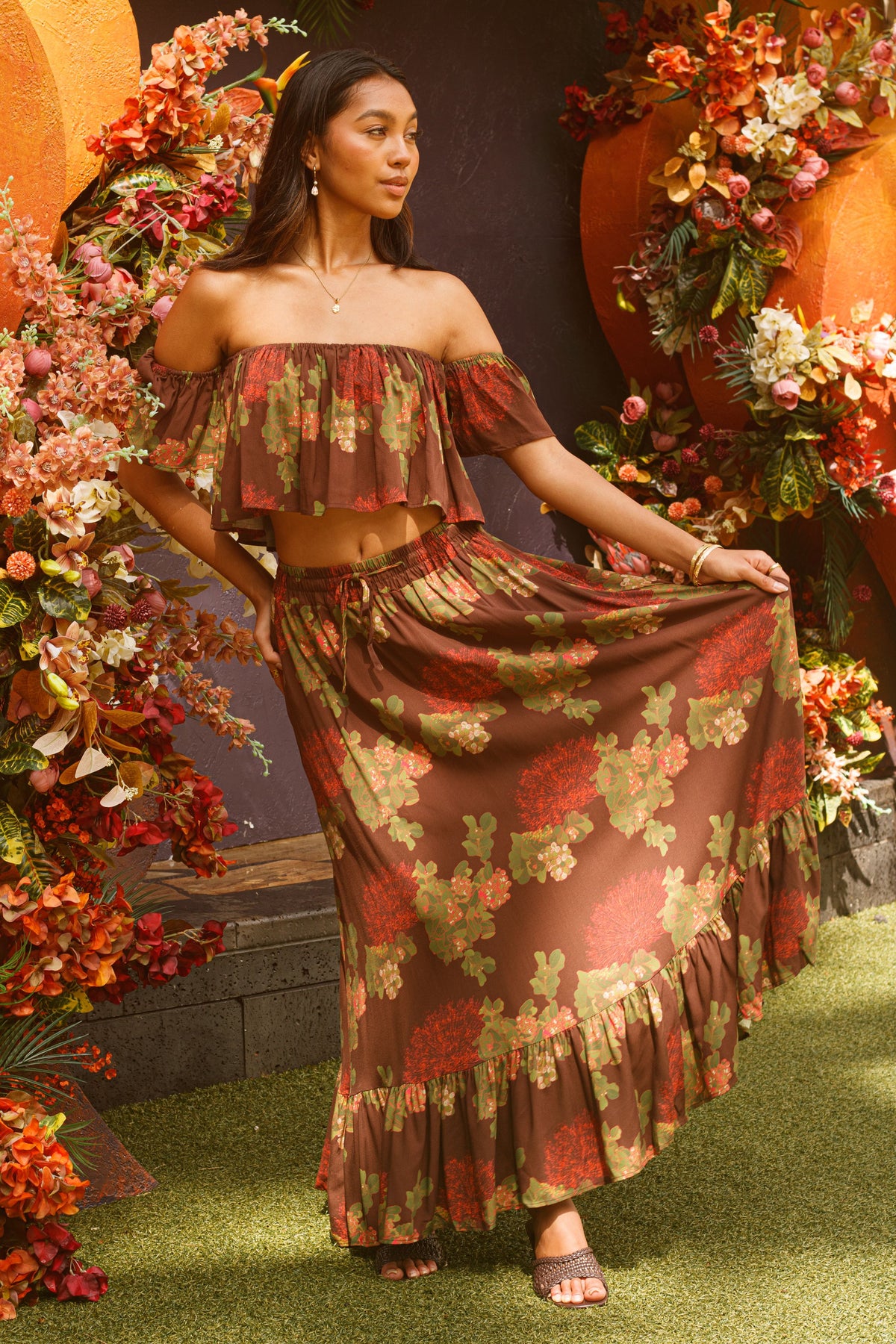 Skirt Nainoa in Mocha Lehua Blossom — Full Length, skirt held out, turned to the side, worn with the Top Nainoa | Kahulaleʻa