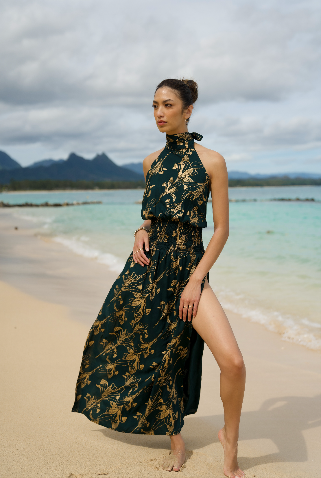 Women's High Neck Maxi Dress in Emerald Gold Ti Leaf - Front View | Kahulaleʻa