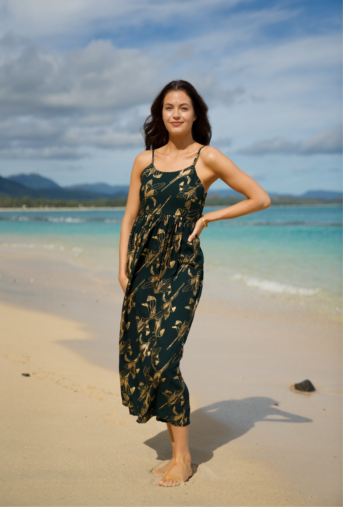 Women's Dress Kale’a in Gold Ti Leaf & Emerald - Front View | Kahulaleʻa