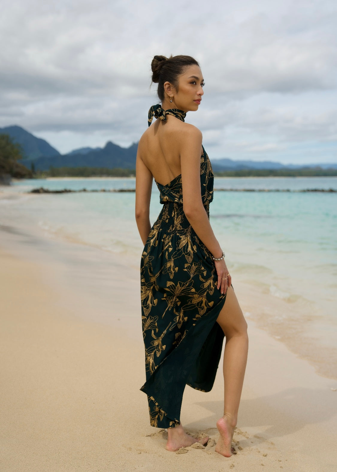 Women's High Neck Maxi Dress in Emerald Gold Ti Leaf - Front View | Kahulaleʻa