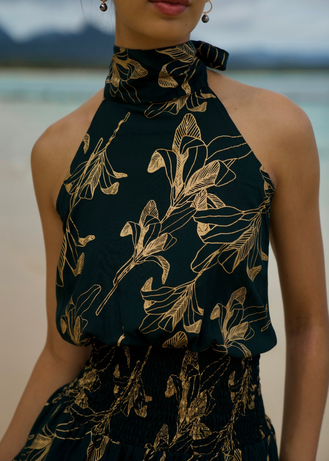 Women's High Neck Maxi Dress in Black Gold Ti Leaf - Close Up | Kahulaleʻa