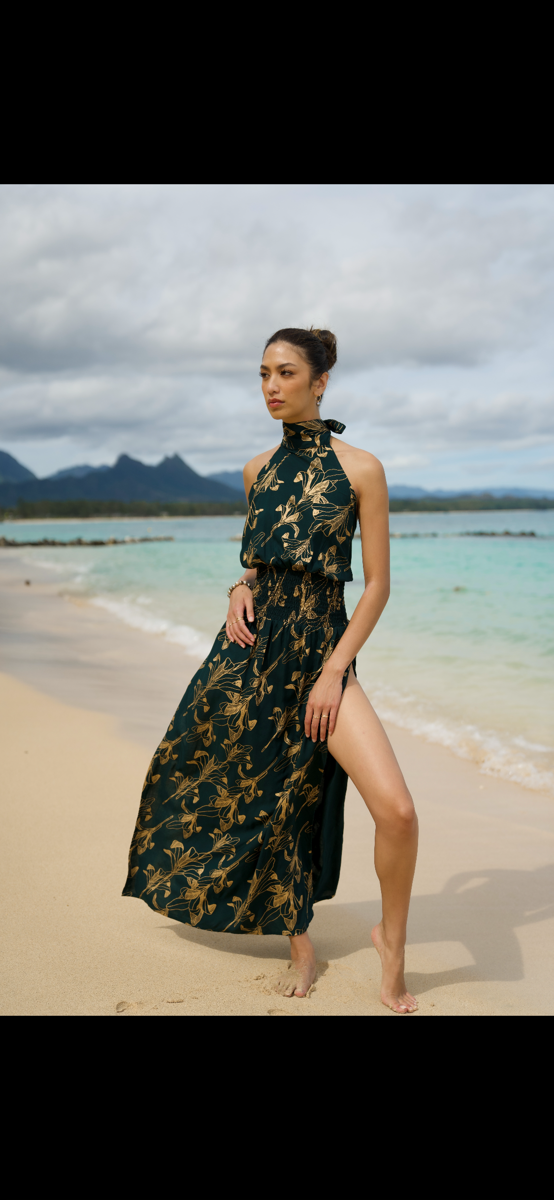 Women's High Neck Maxi Dress in Emerald Gold Ti Leaf - Front View | Kahulaleʻa